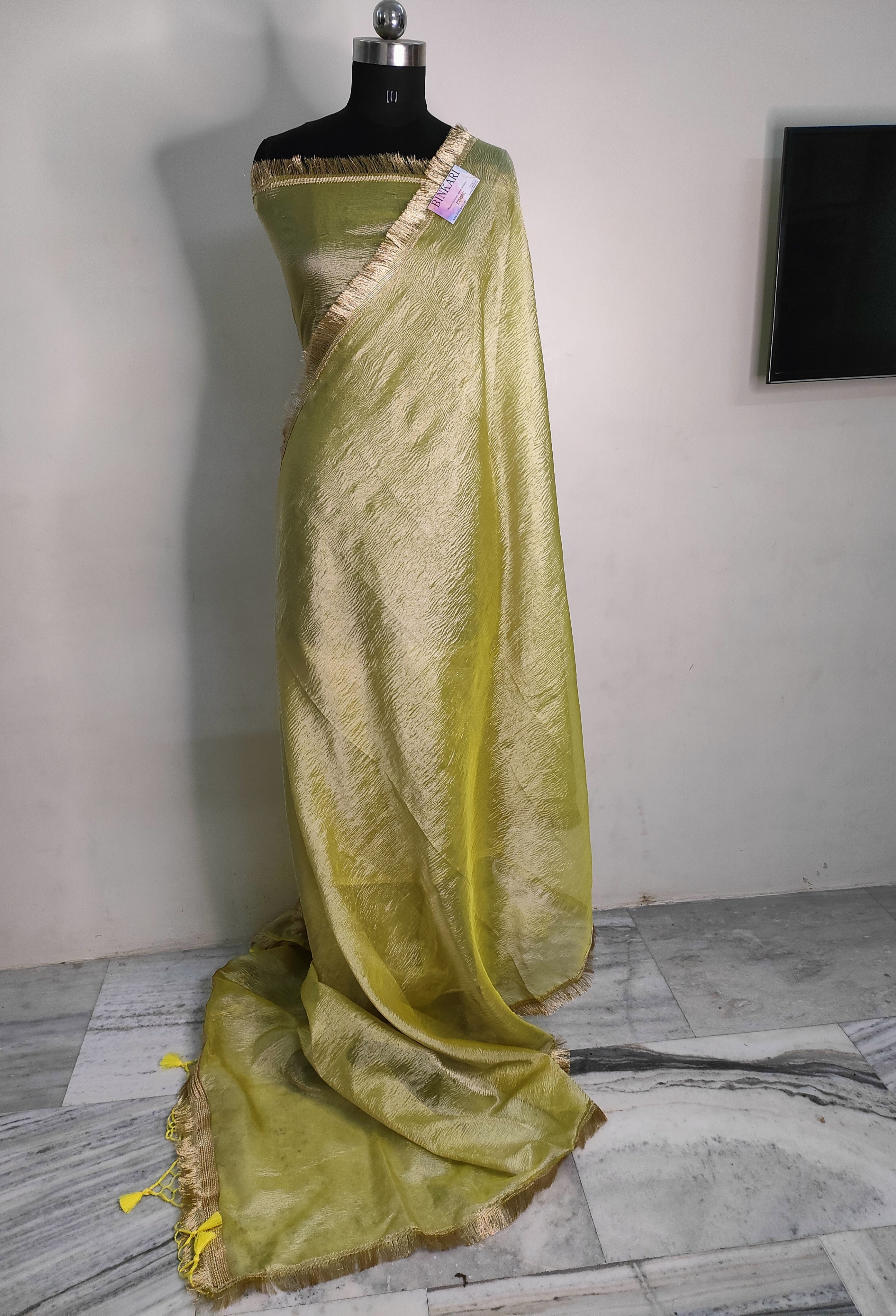 Faux Crush Tissue With Lace Work Banarasi Saree With Blouse/ Green