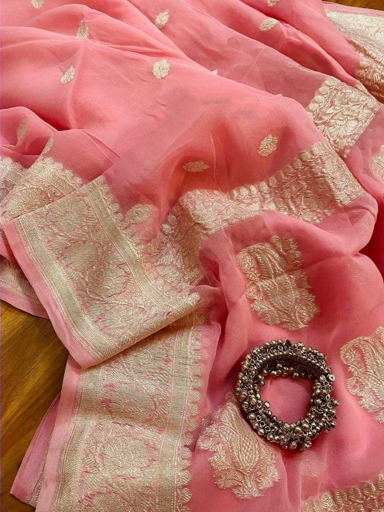 PURE CHIFFON KHADDI HANDLOOM RUPA BUTI KADHUA BANARASI SAREE- BABY PINL