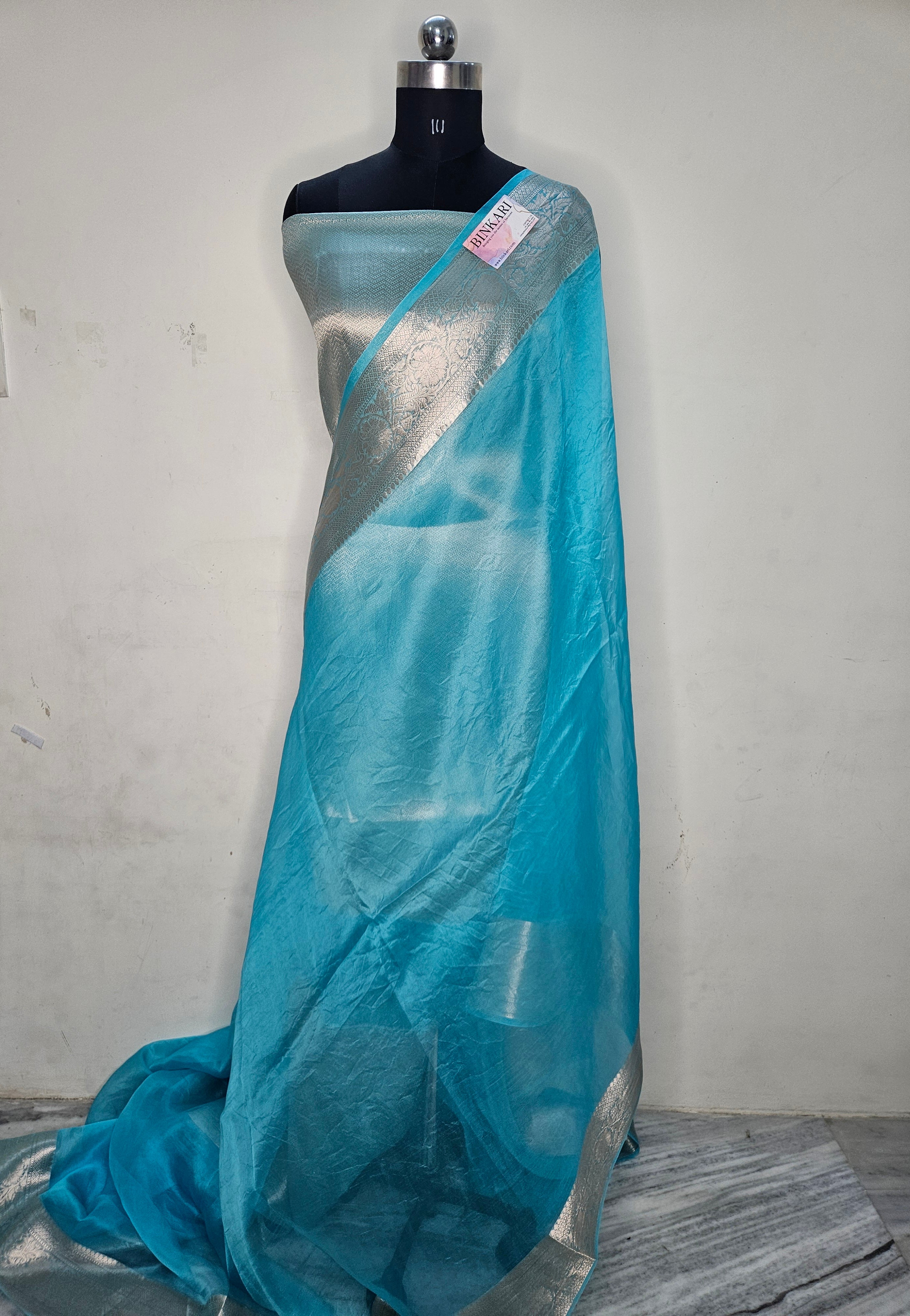 Pure Organza Banarasi Saree Aanchal Border in Sky Blue