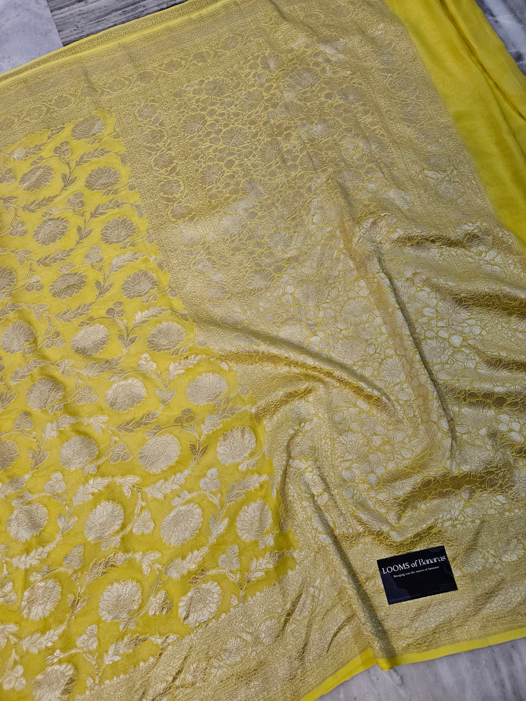 Yellow Pure Georgette Banarasi Saree Jaal weaving faux watergold zari