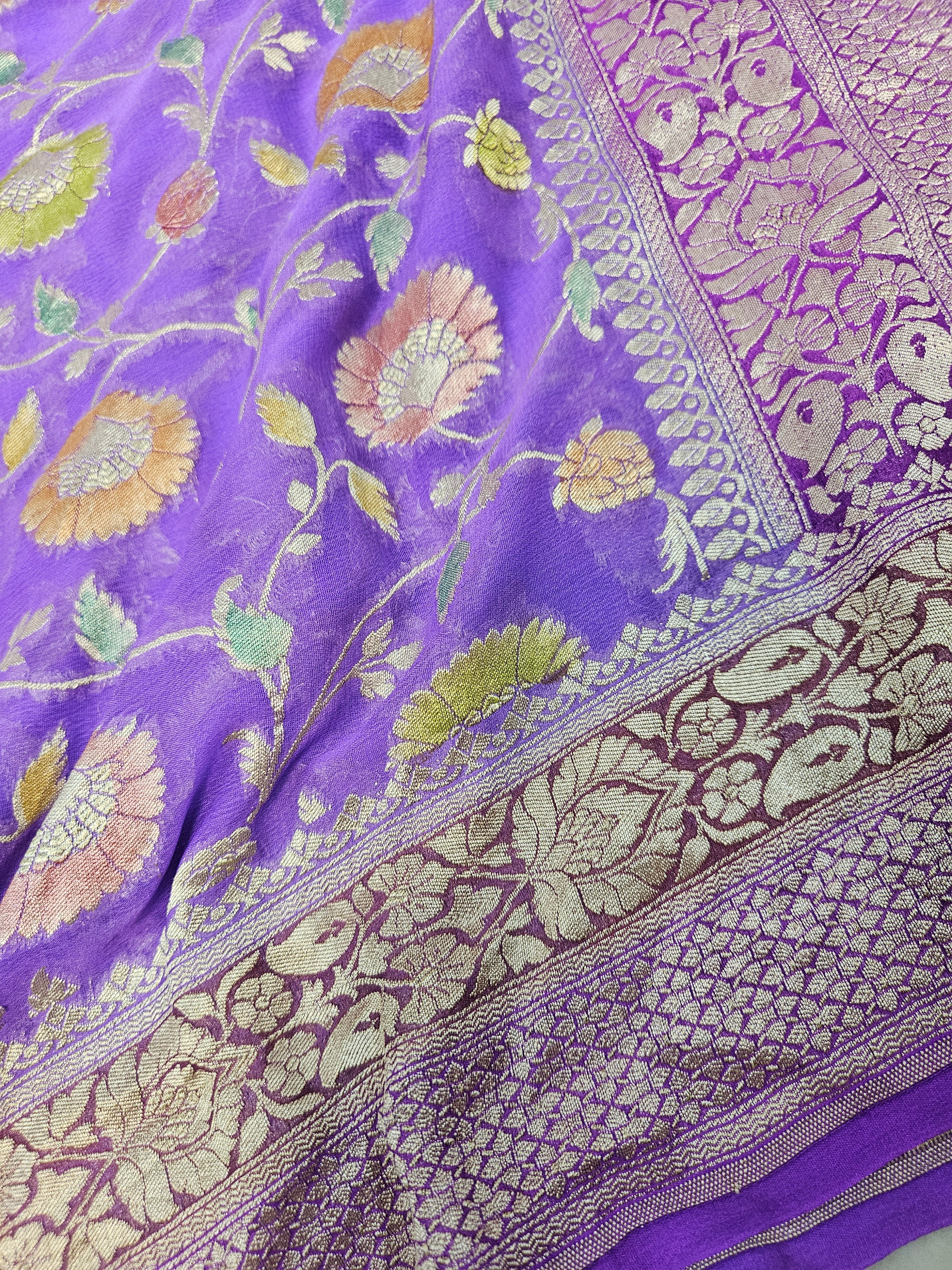 Pure Georgette Meena Hand Brush Work Banarasi Saree in Purple