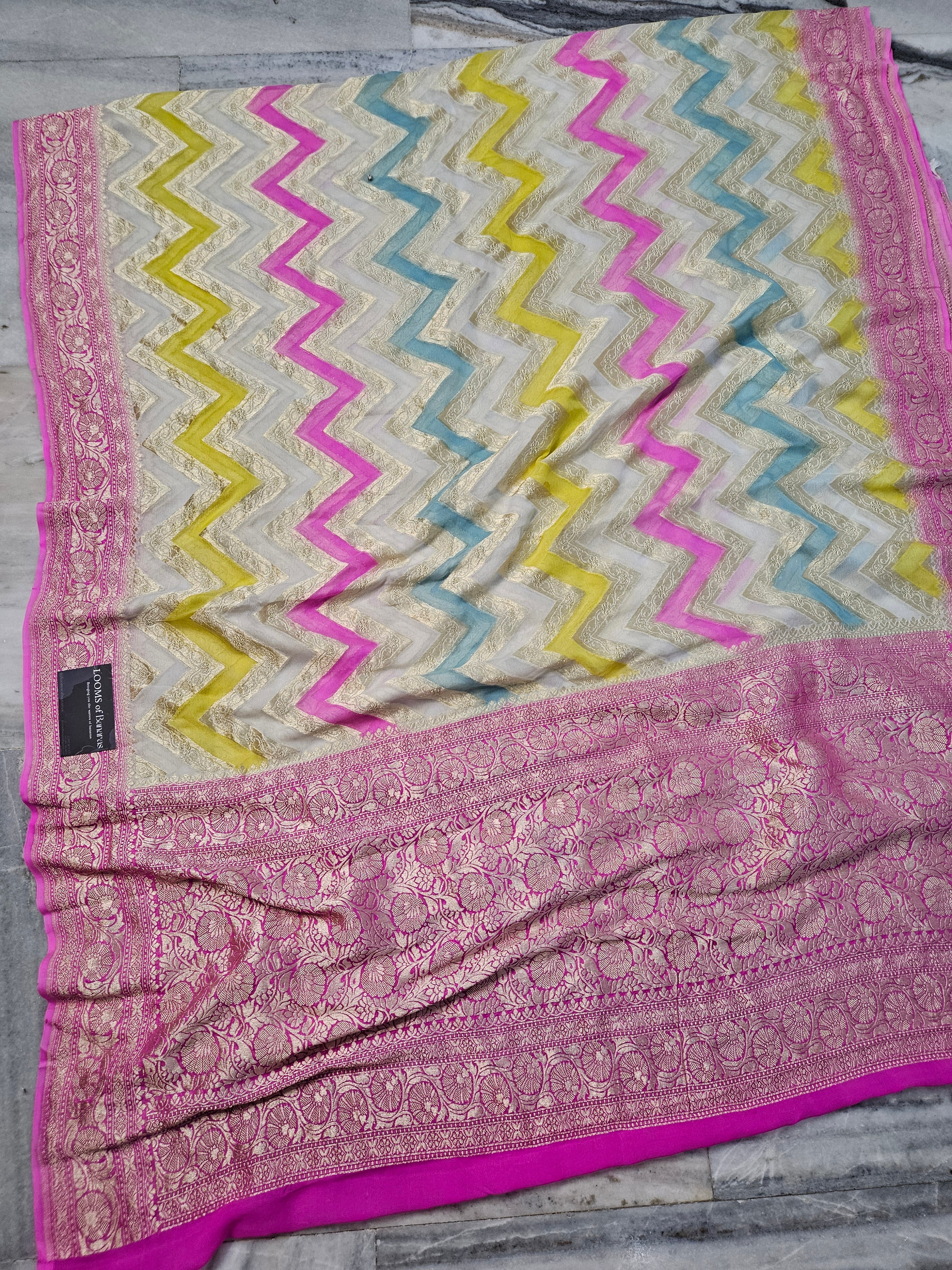 Pure Georgette Zig-Zag Hand Brush Work Banarasi Saree