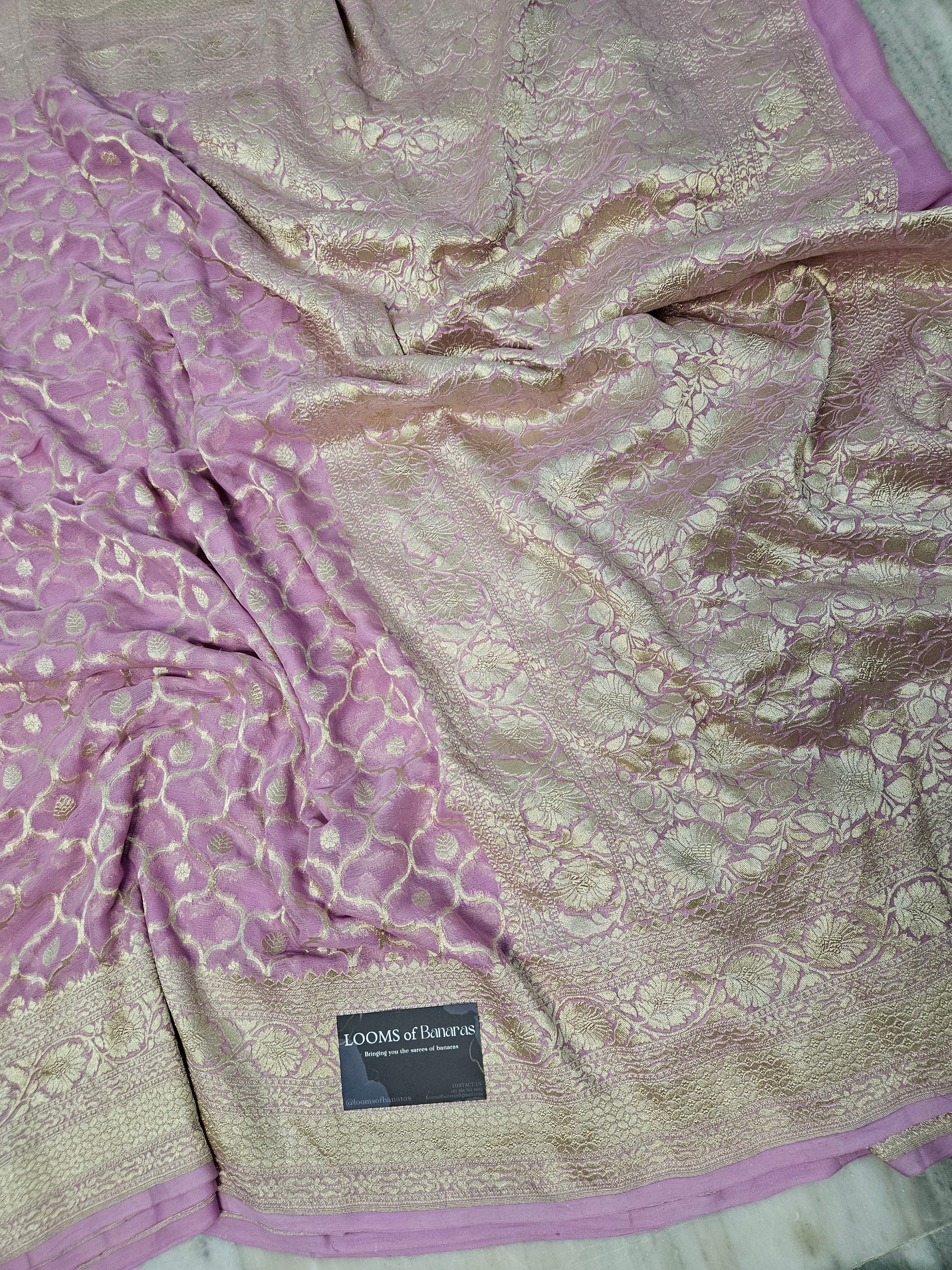 Pure Georgette Banarasi Saree weaving faux jaal watergold zari in Dusty Pink