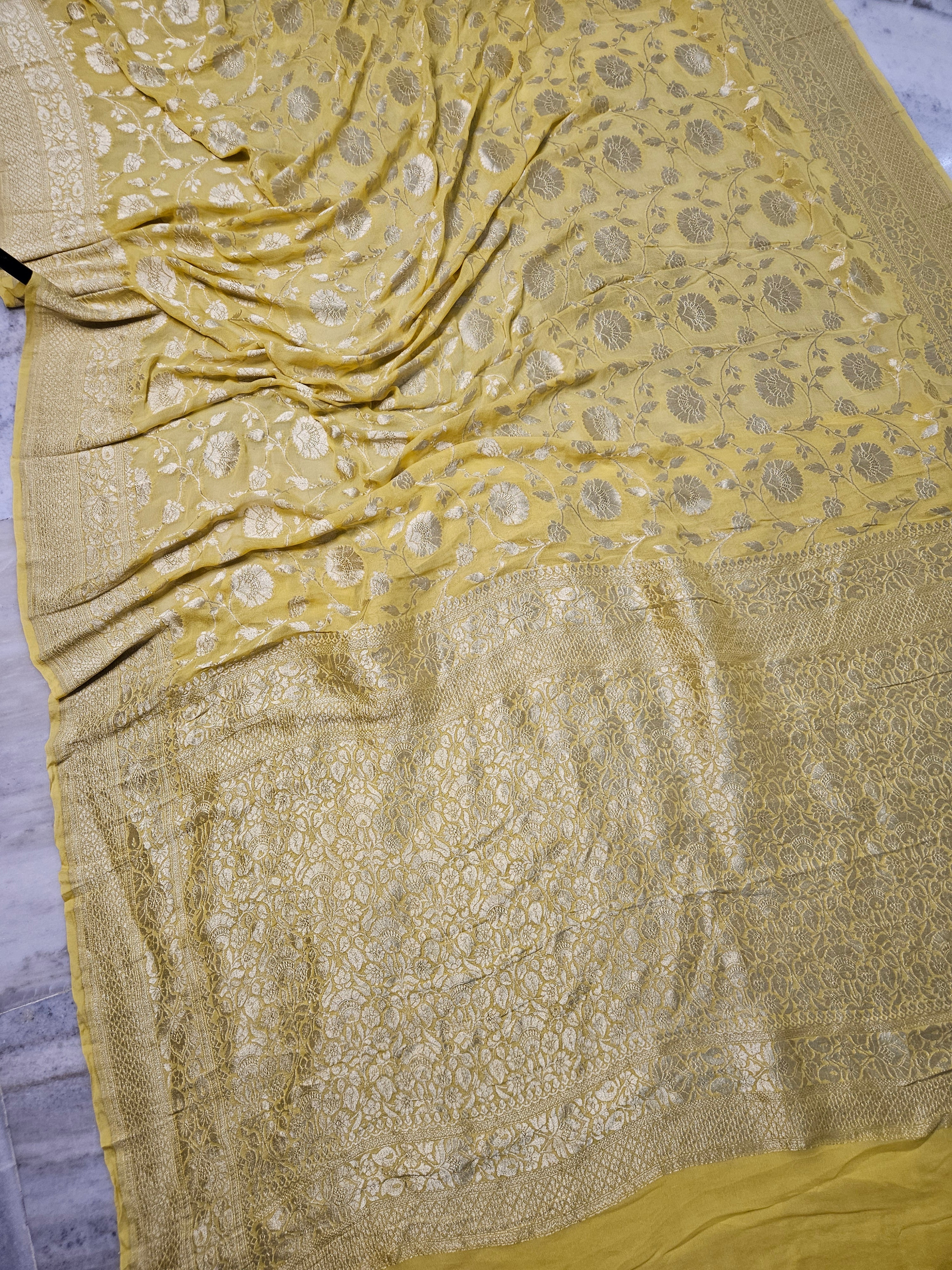 Pure Georgette Jungla Banarasi Saree in Yellow