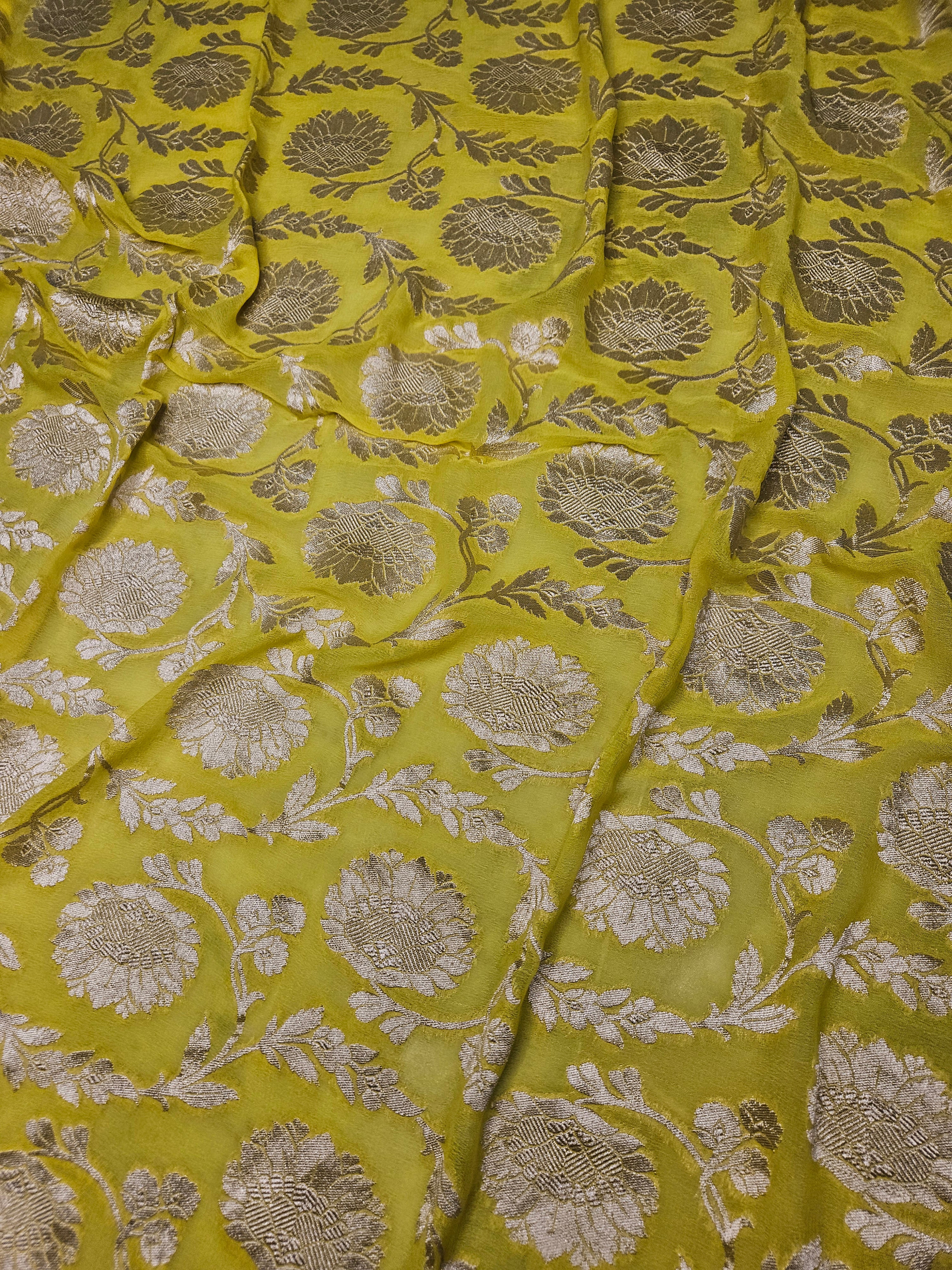 Pure Georgette Banarasi Saree weaving faux jaal watergold zari in Yellow