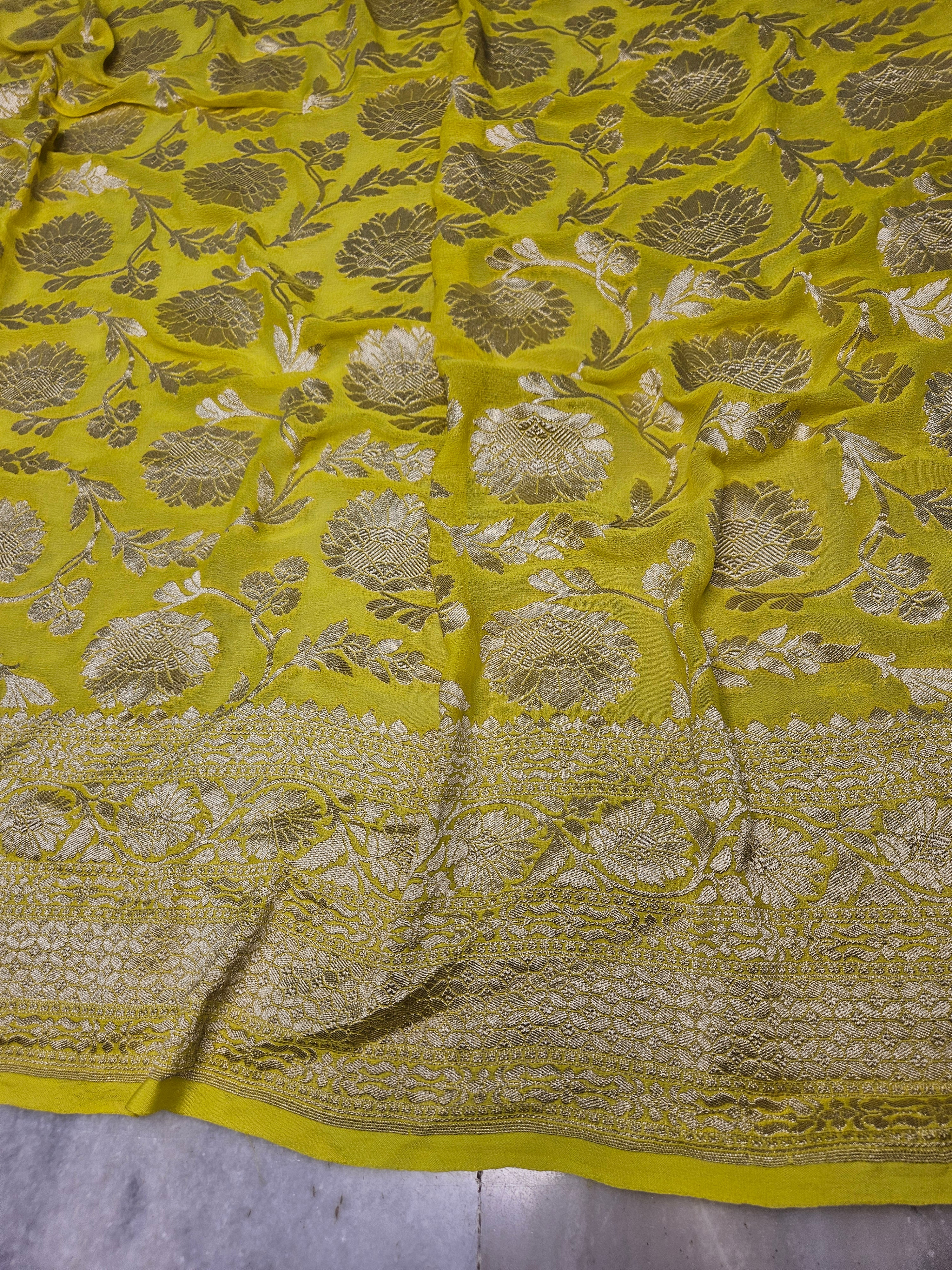 Pure Georgette Banarasi Saree weaving faux jaal watergold zari in Yellow