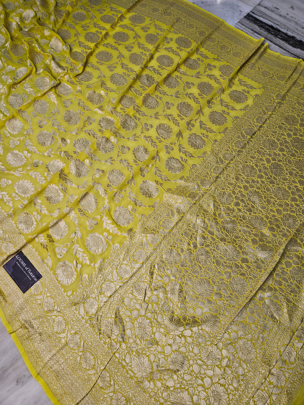 Pure Georgette Banarasi Saree weaving faux jaal watergold zari in Yellow