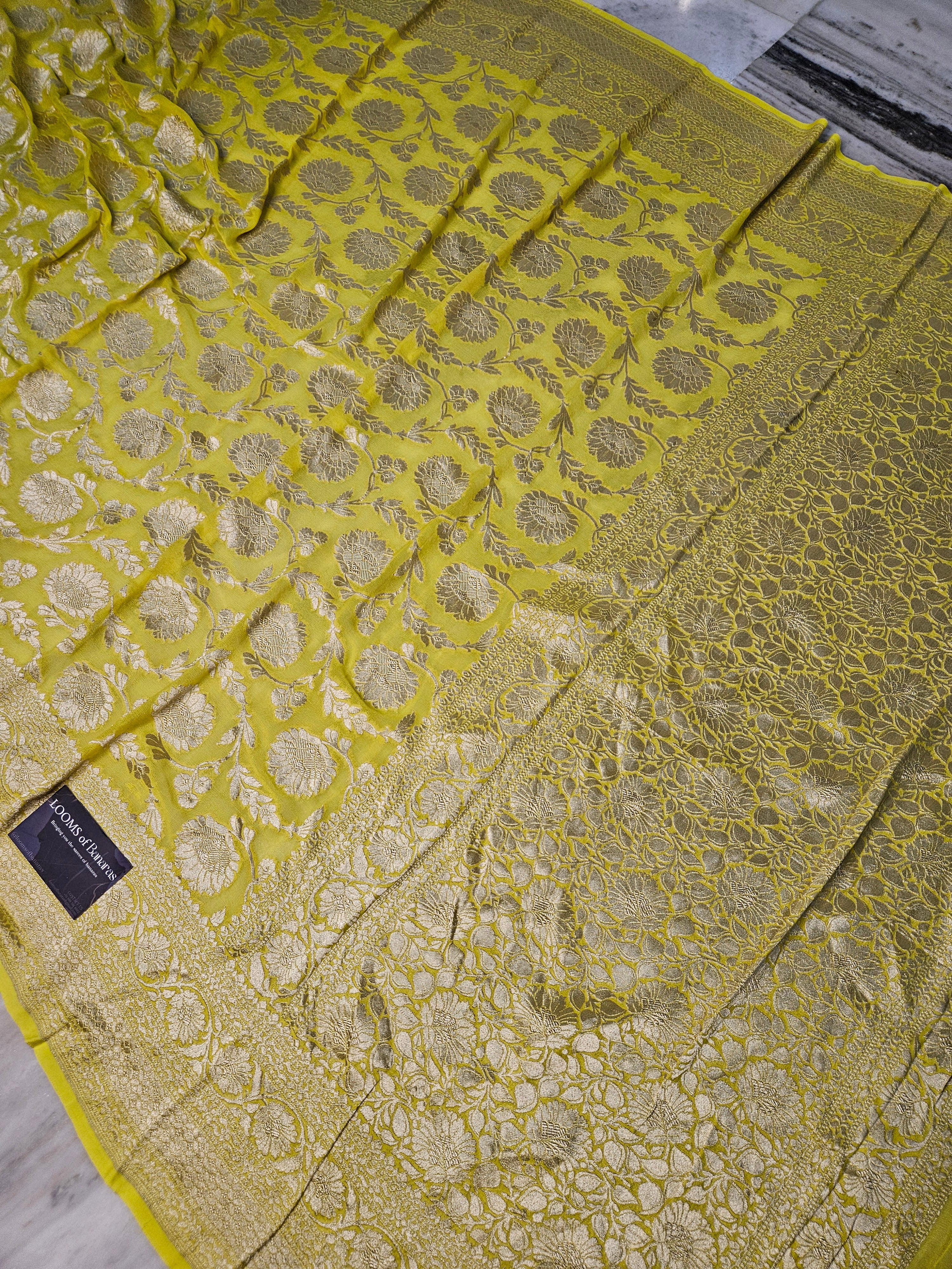 Pure Georgette Banarasi Saree weaving faux jaal watergold zari in Yellow