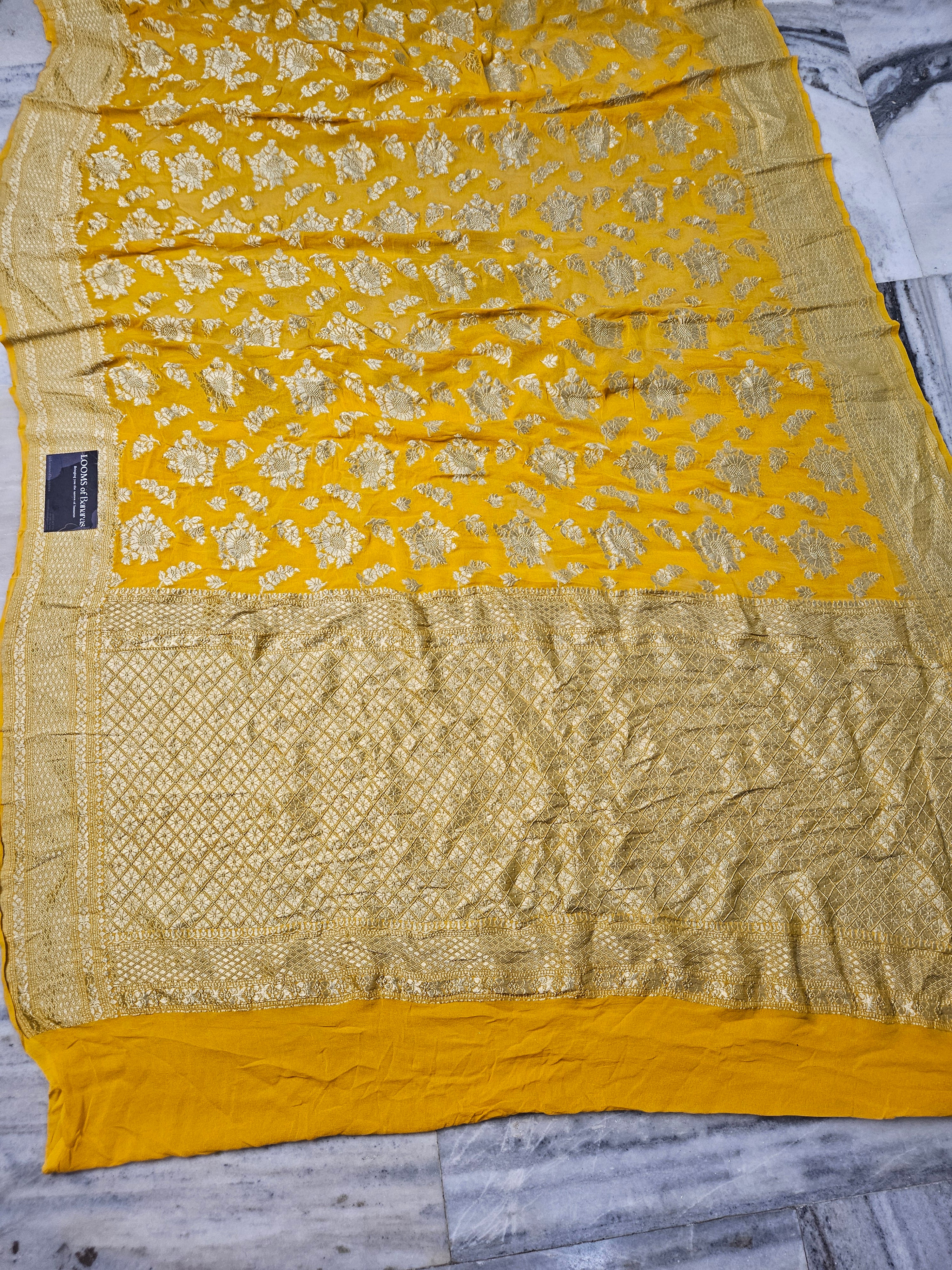 Yellow Pure Georgette Banarasi Saree Jaal weaving faux watergold zari
