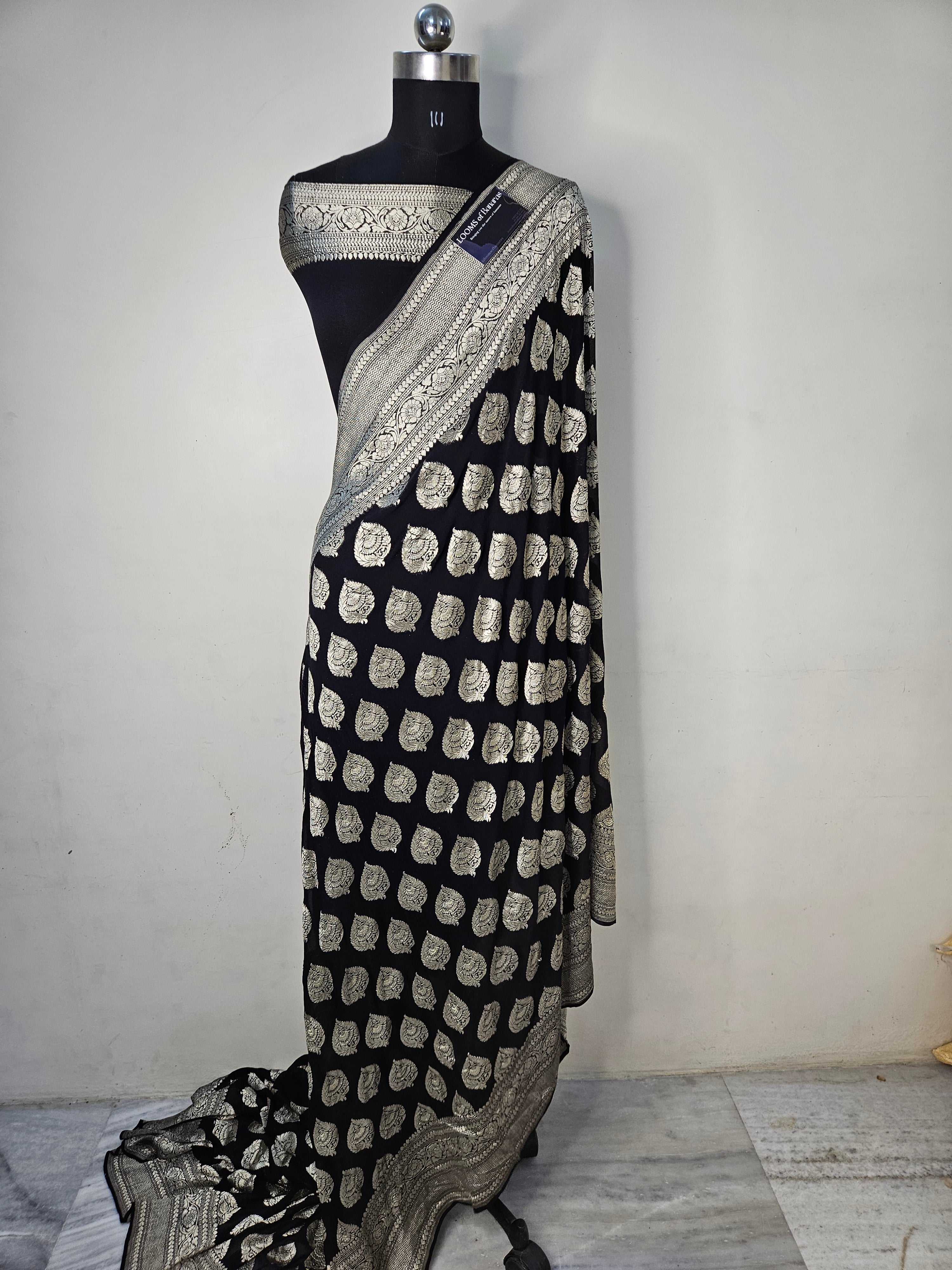 Pure Georgette Banarasi Saree weaving faux buta watergold zari in black