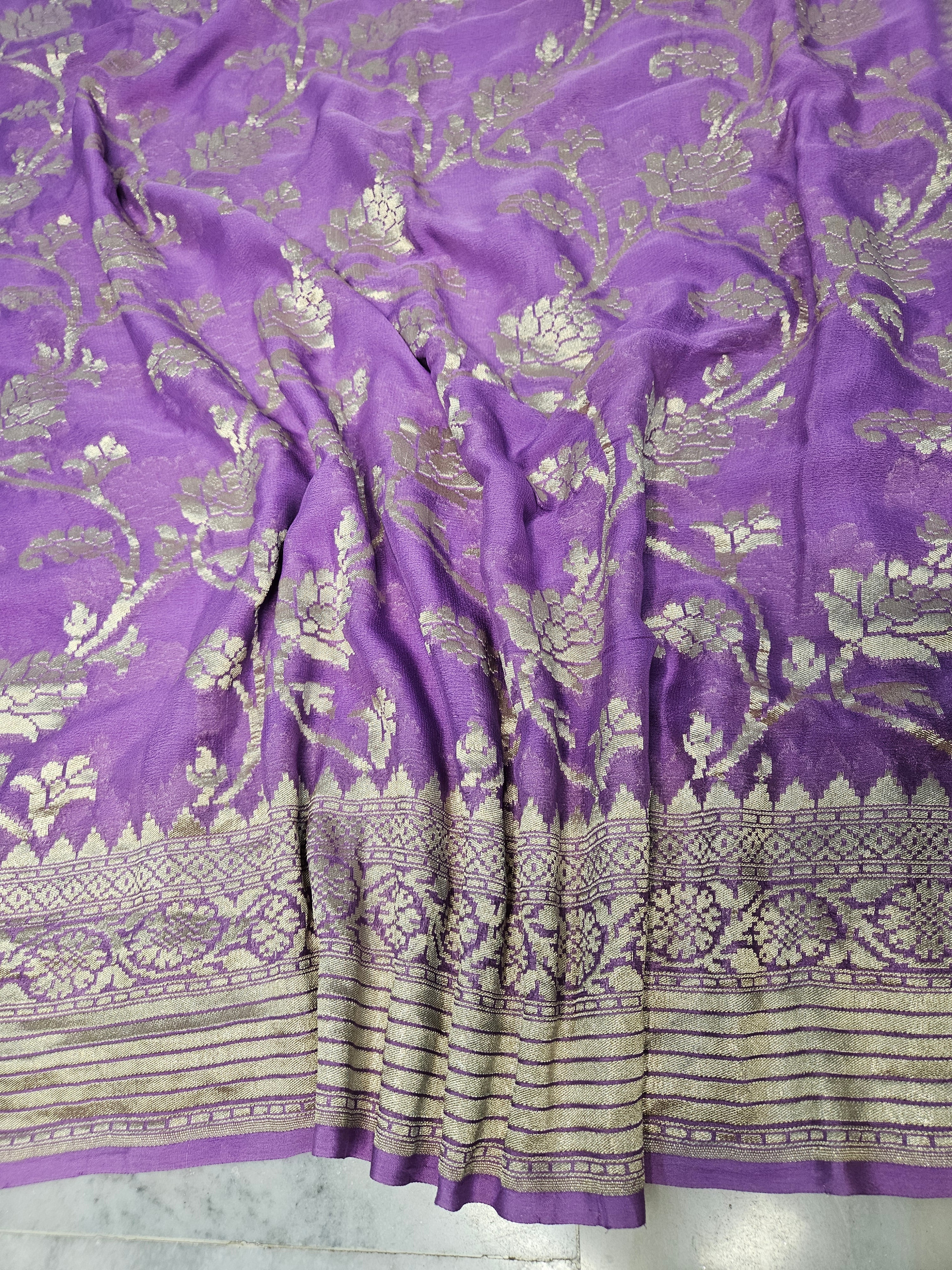 pure georgette silk woven tested zari banarasi saree in Lavender