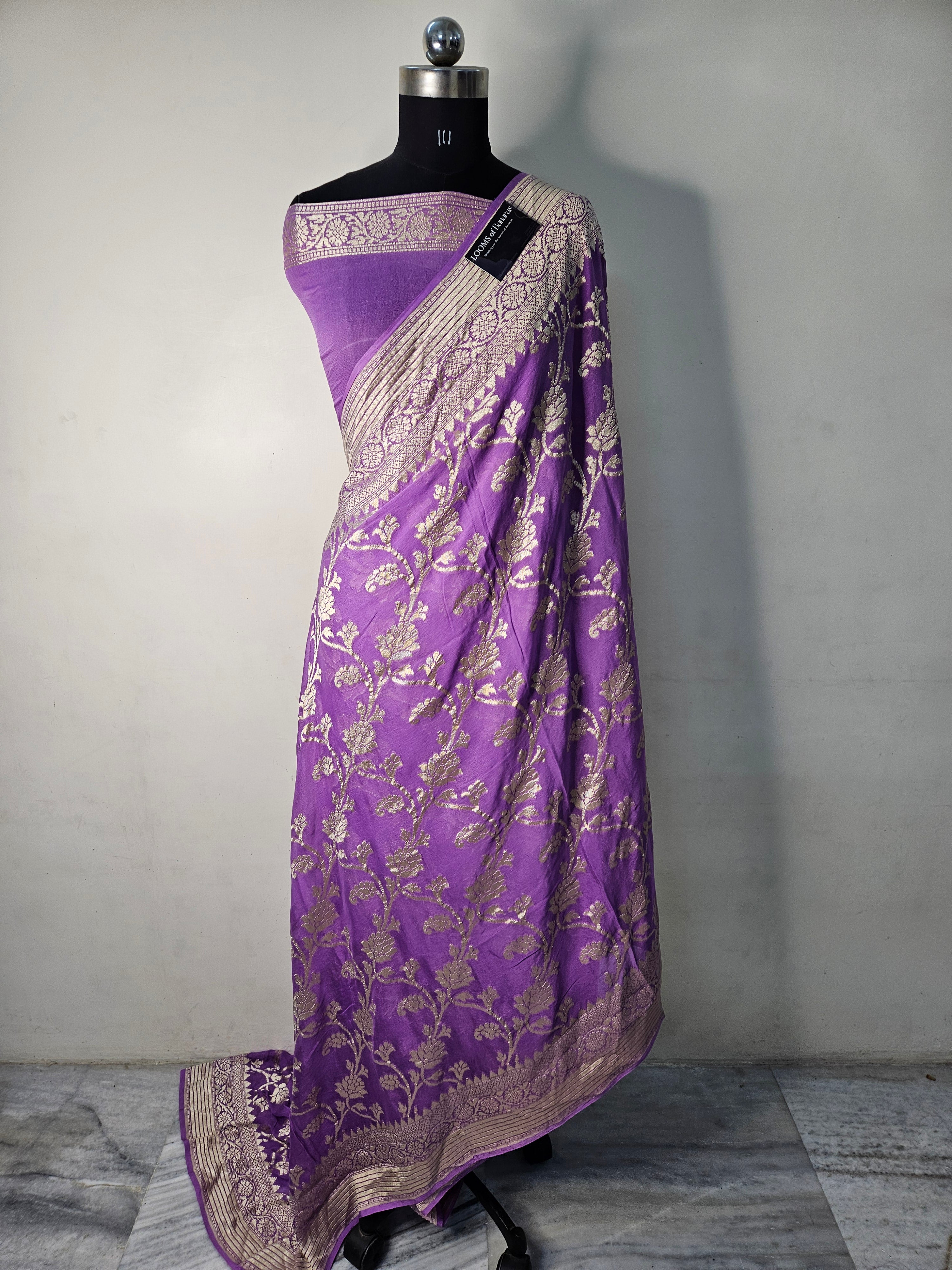 pure georgette silk woven tested zari banarasi saree in Lavender