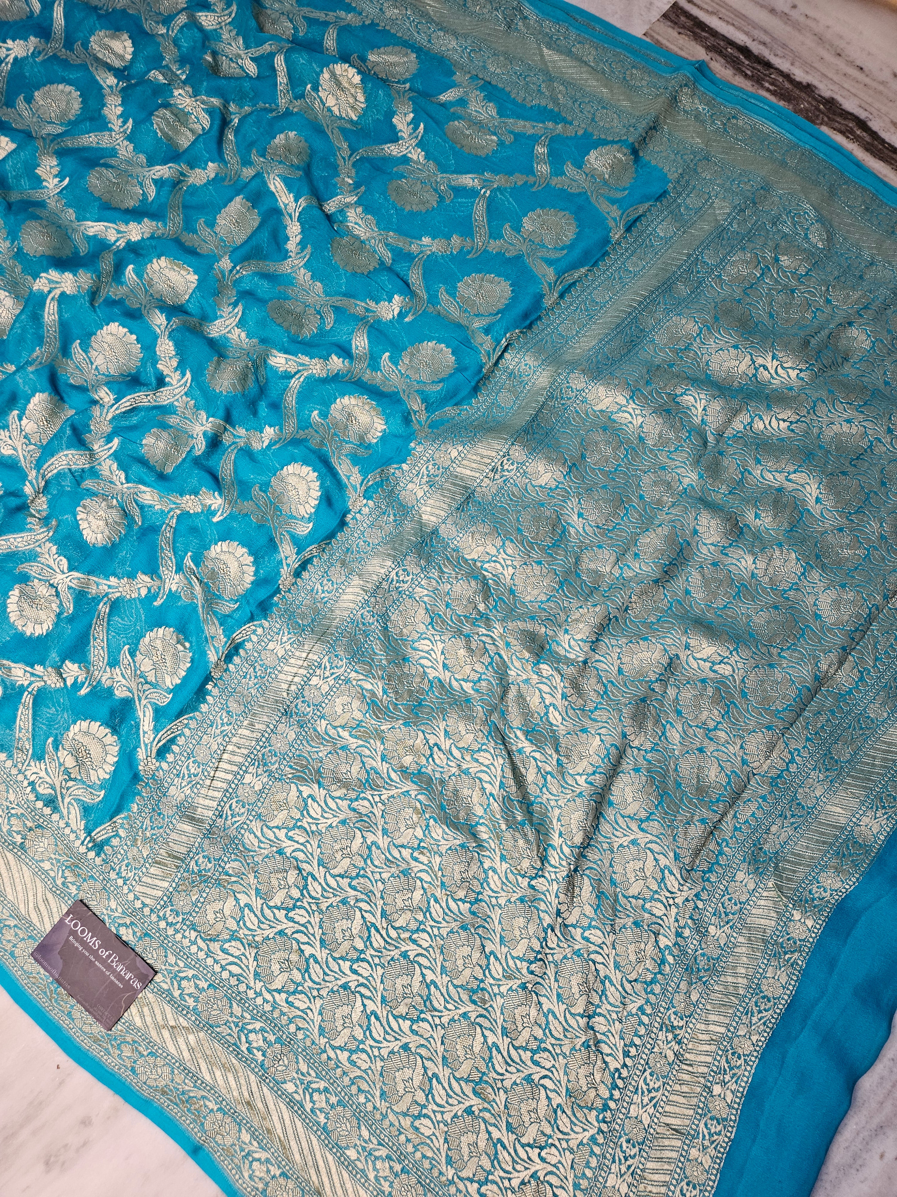 pure georgette silk woven tested zari banarasi saree in Sky blue
