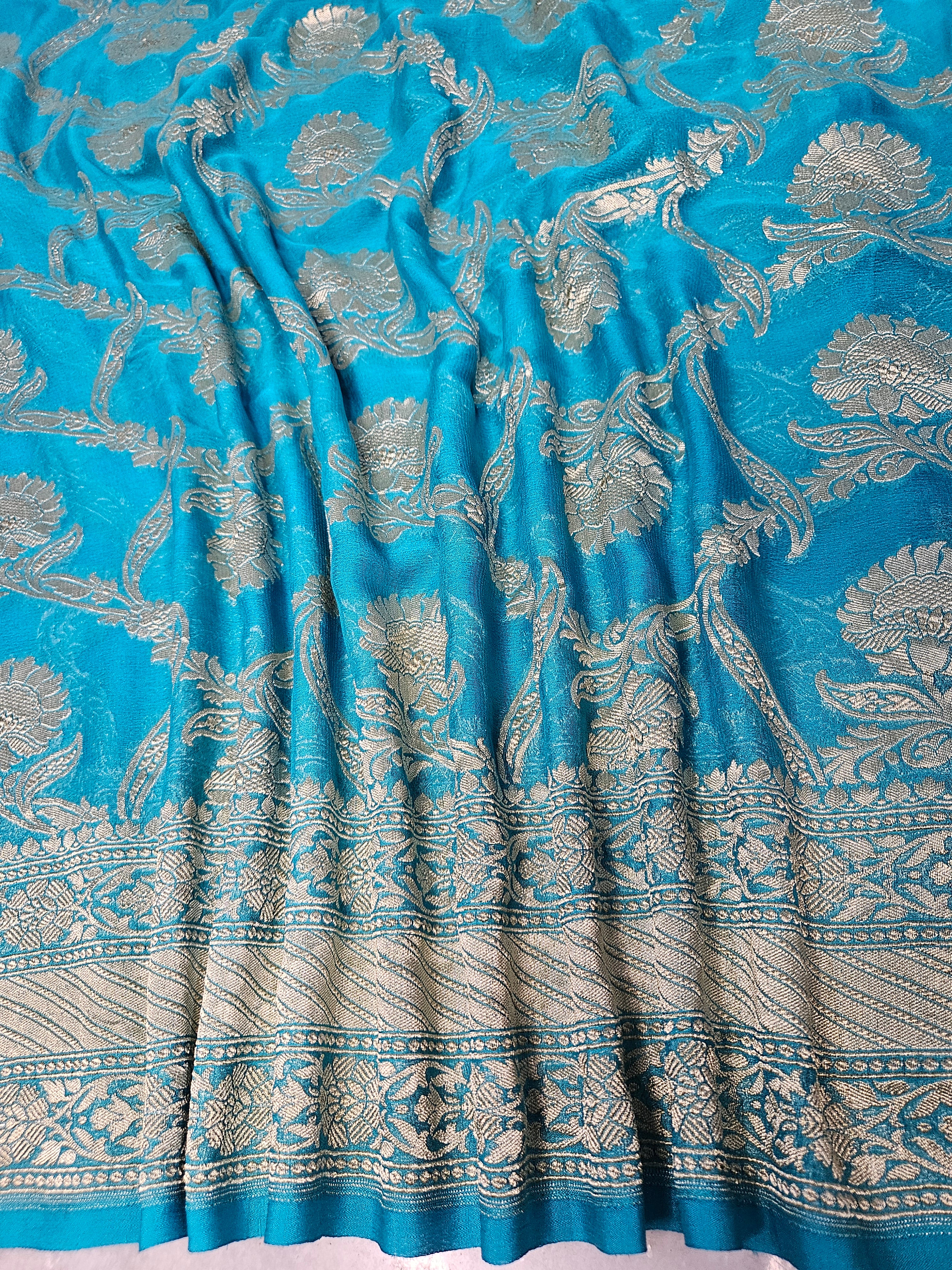 pure georgette silk woven tested zari banarasi saree in Sky blue