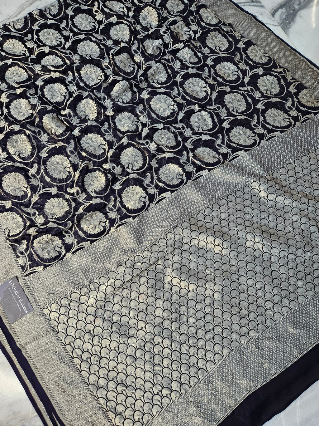 pure georgette silk woven tested zari banarasi saree in Jet black