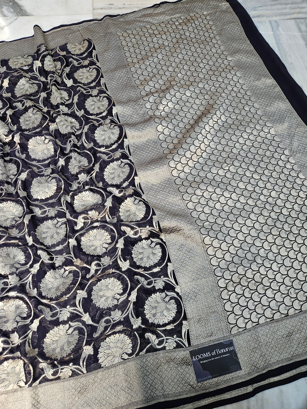 pure georgette silk woven tested zari banarasi saree in Jet black