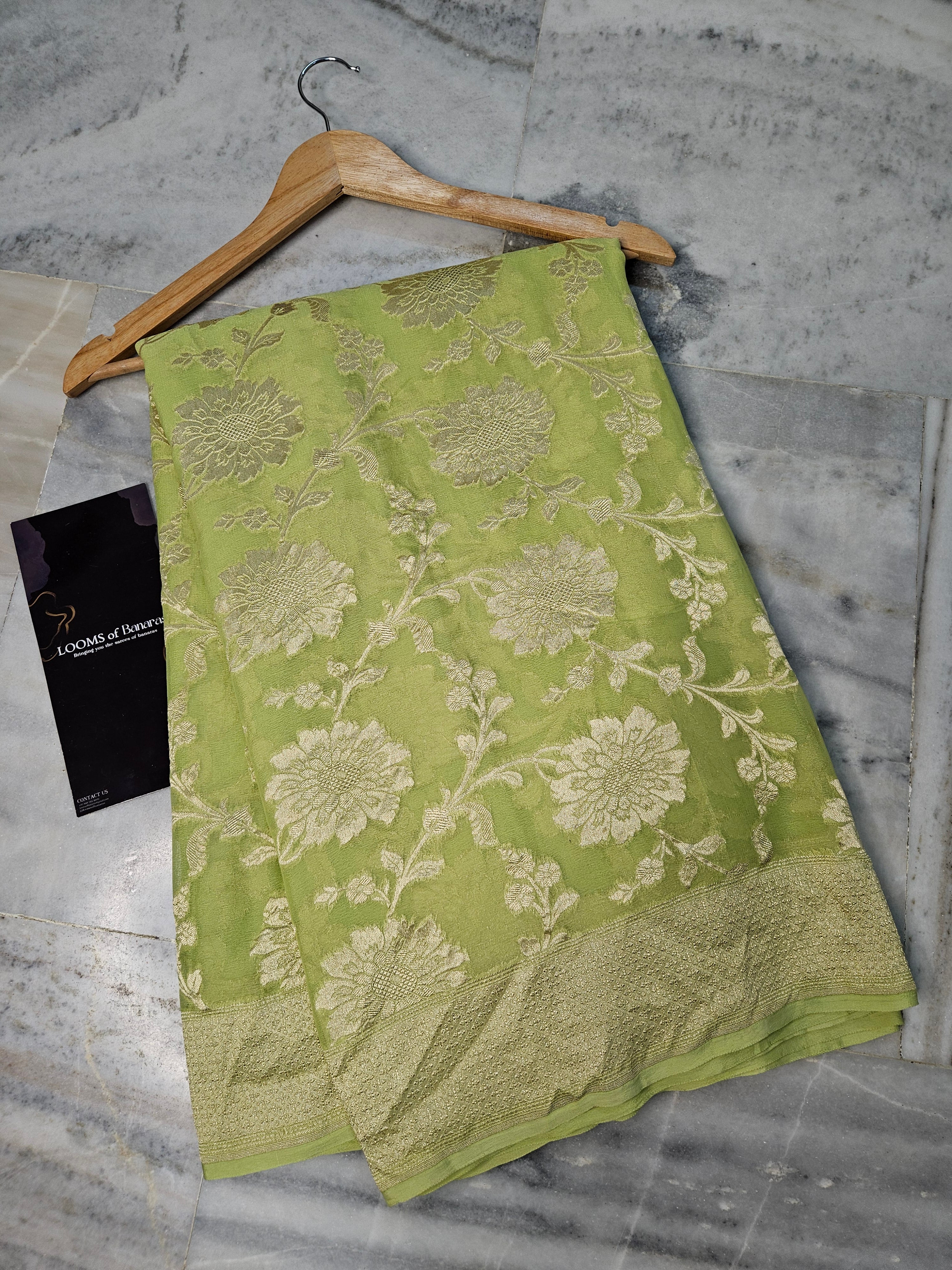 pure georgette silk woven tested zari banarasi saree in Pista 
