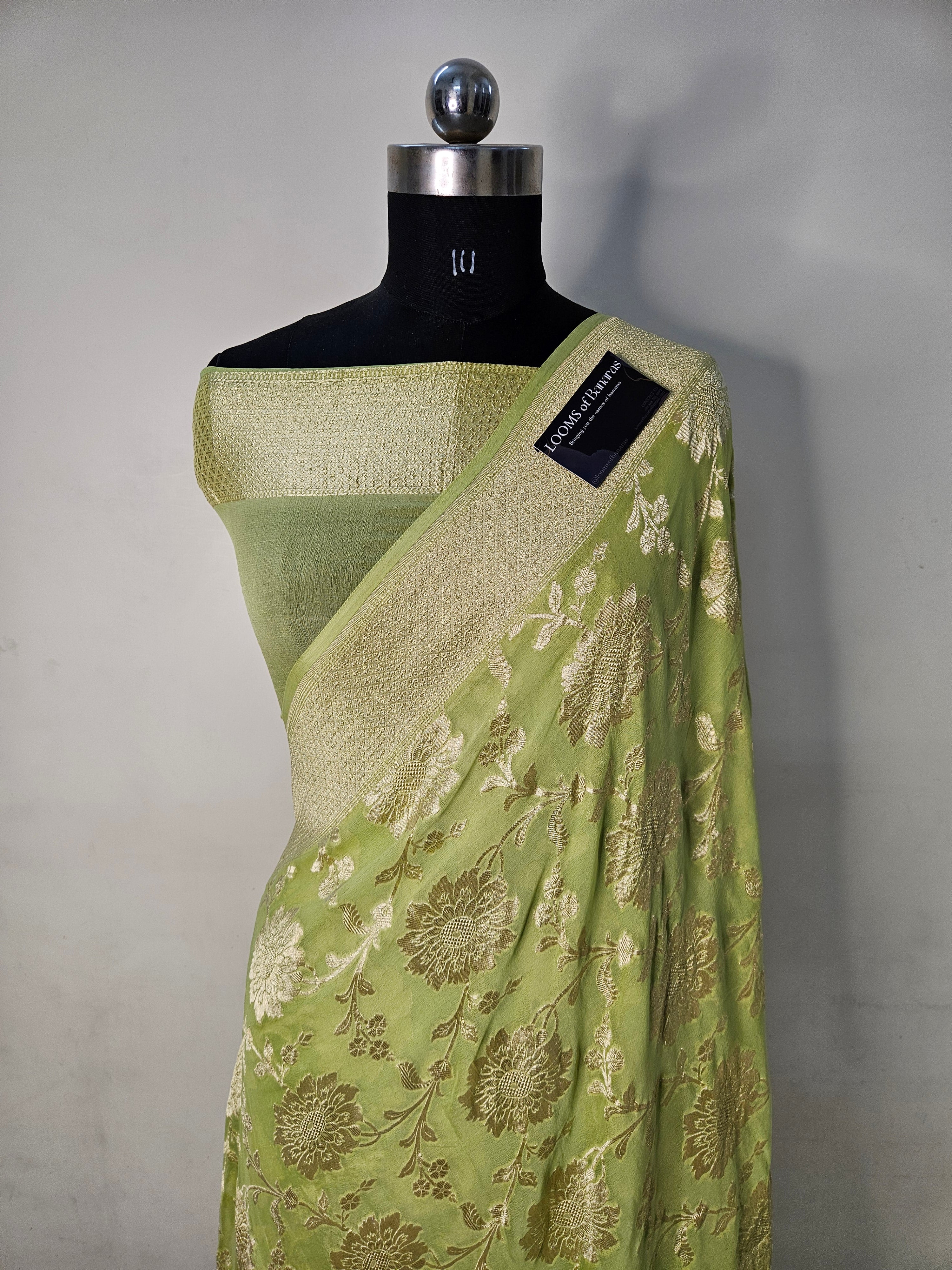 pure georgette silk woven tested zari banarasi saree in Pista 