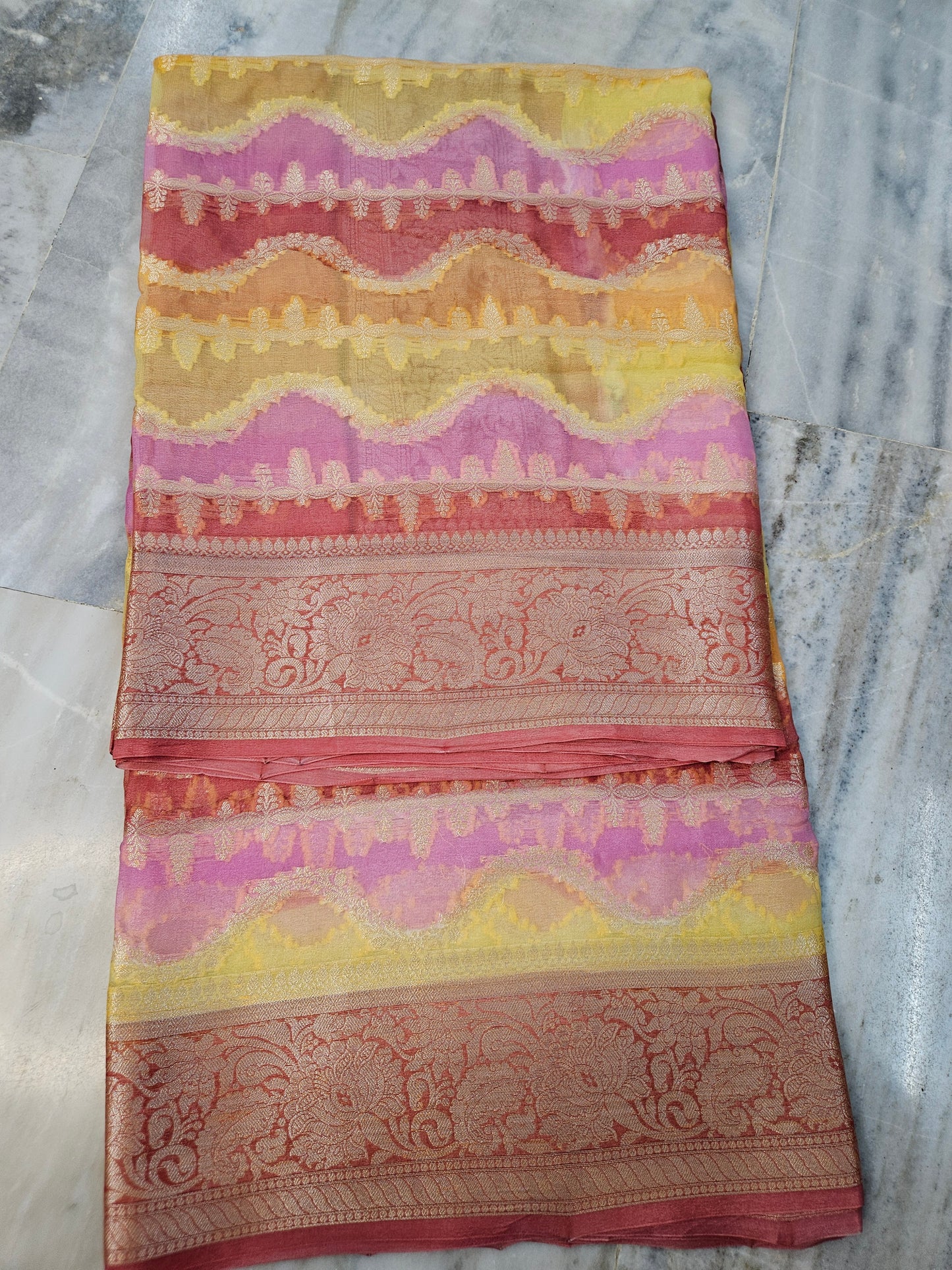 Pure Chiffon Rangkat Handbrush Banarasi Saree