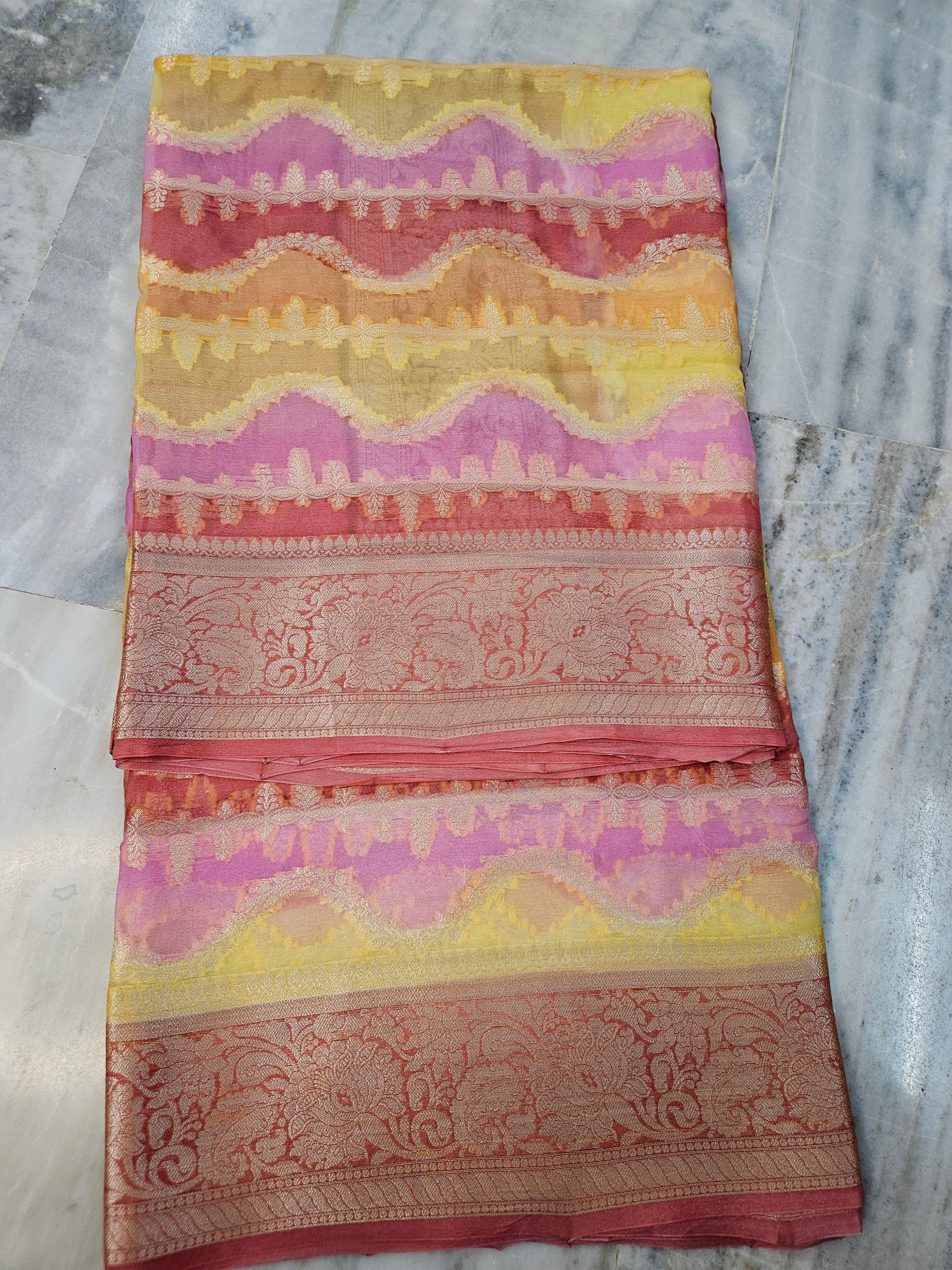 Pure Chiffon Rangkat Handbrush Banarasi Saree