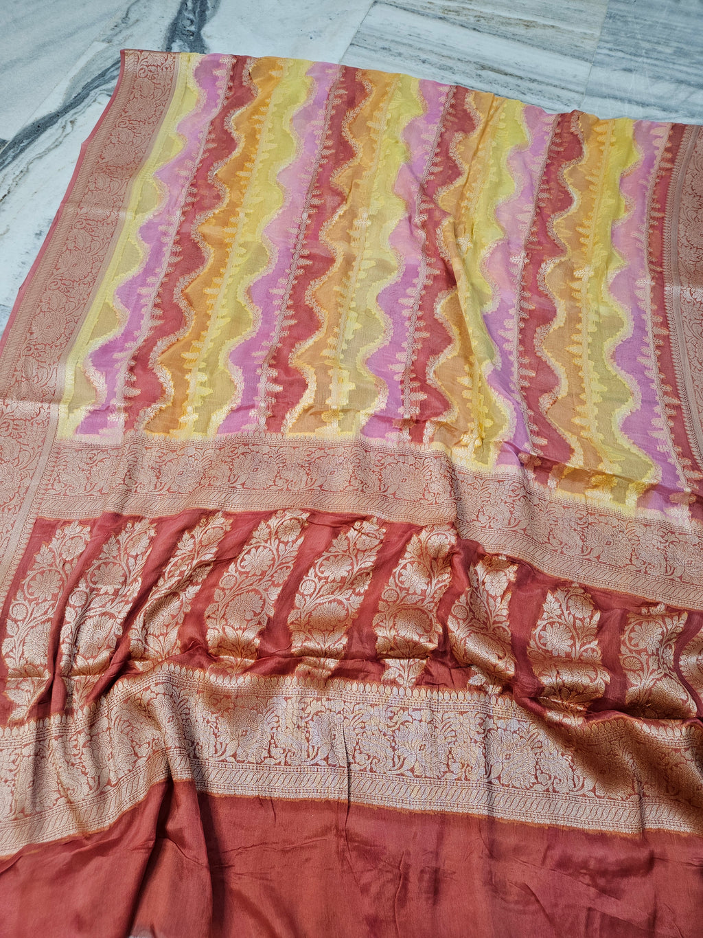 Pure Chiffon Rangkat Handbrush Banarasi Saree