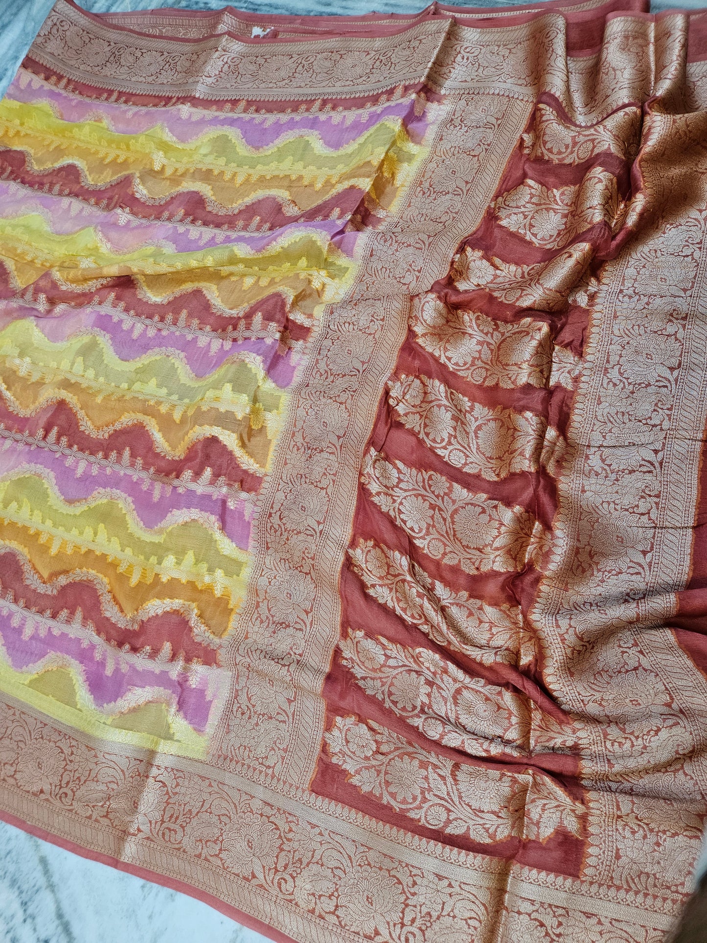 Pure Chiffon Rangkat Handbrush Banarasi Saree