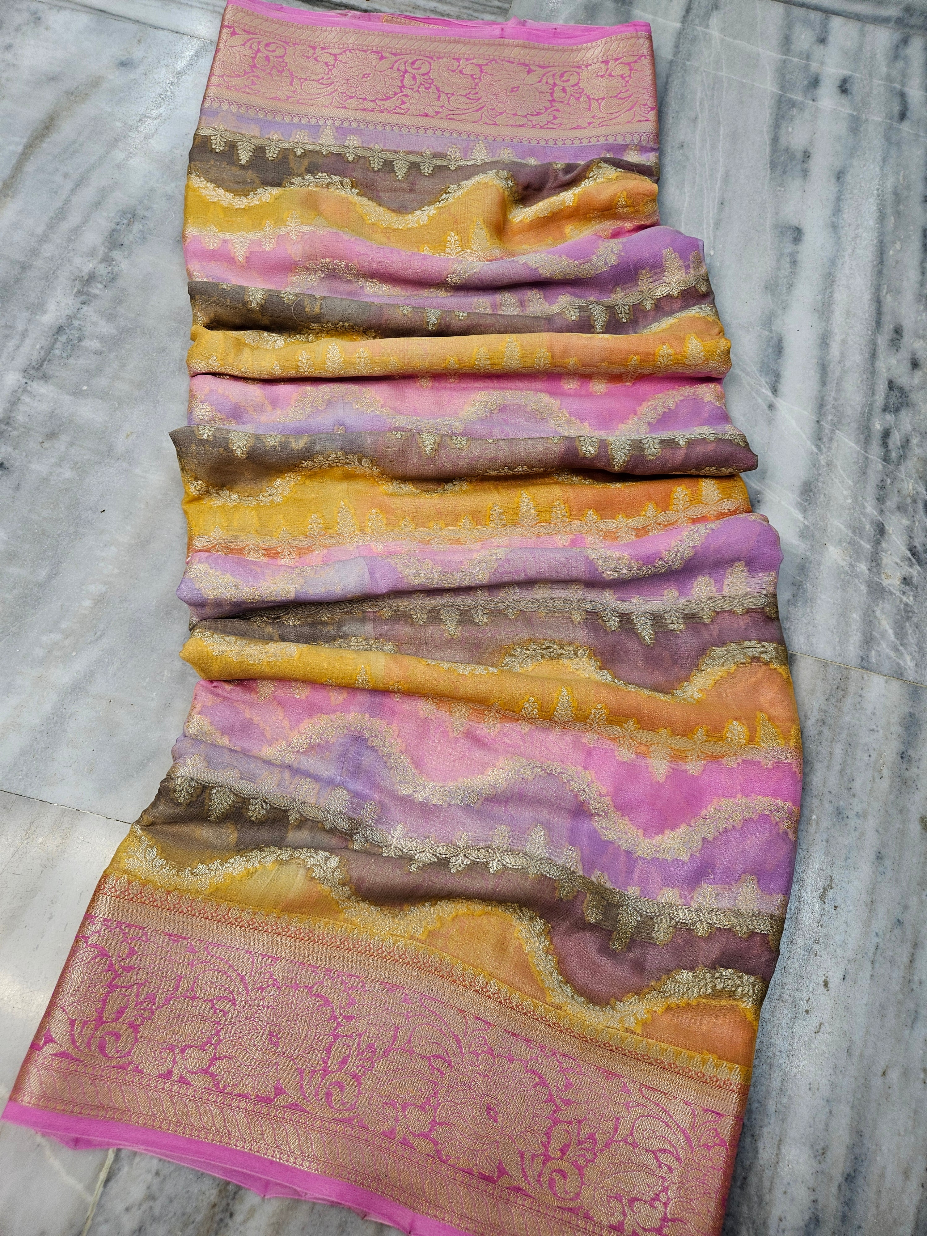 Pure Chiffon Rangkat Handbrush Banarasi Saree