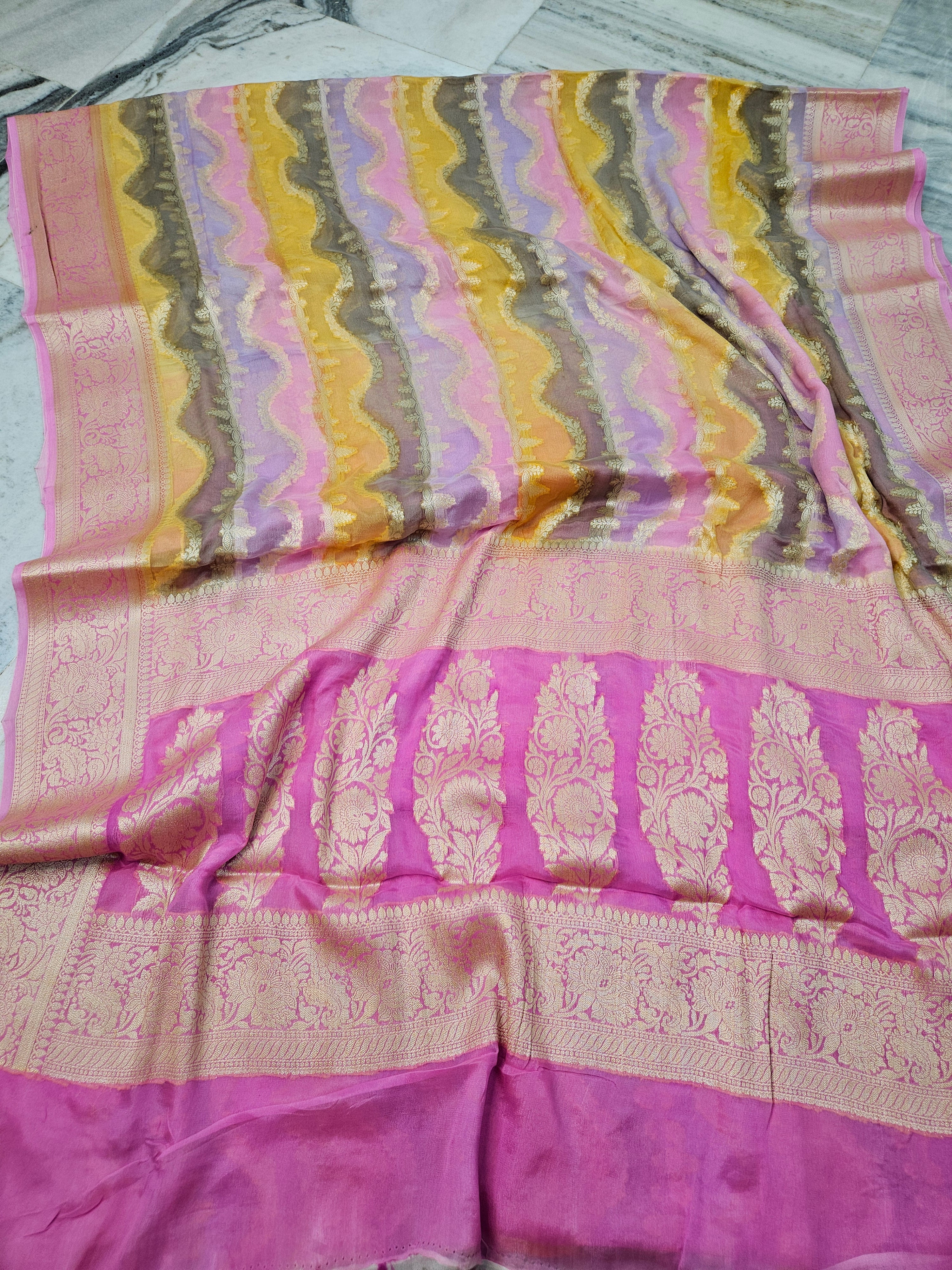 Pure Chiffon Rangkat Handbrush Banarasi Saree
