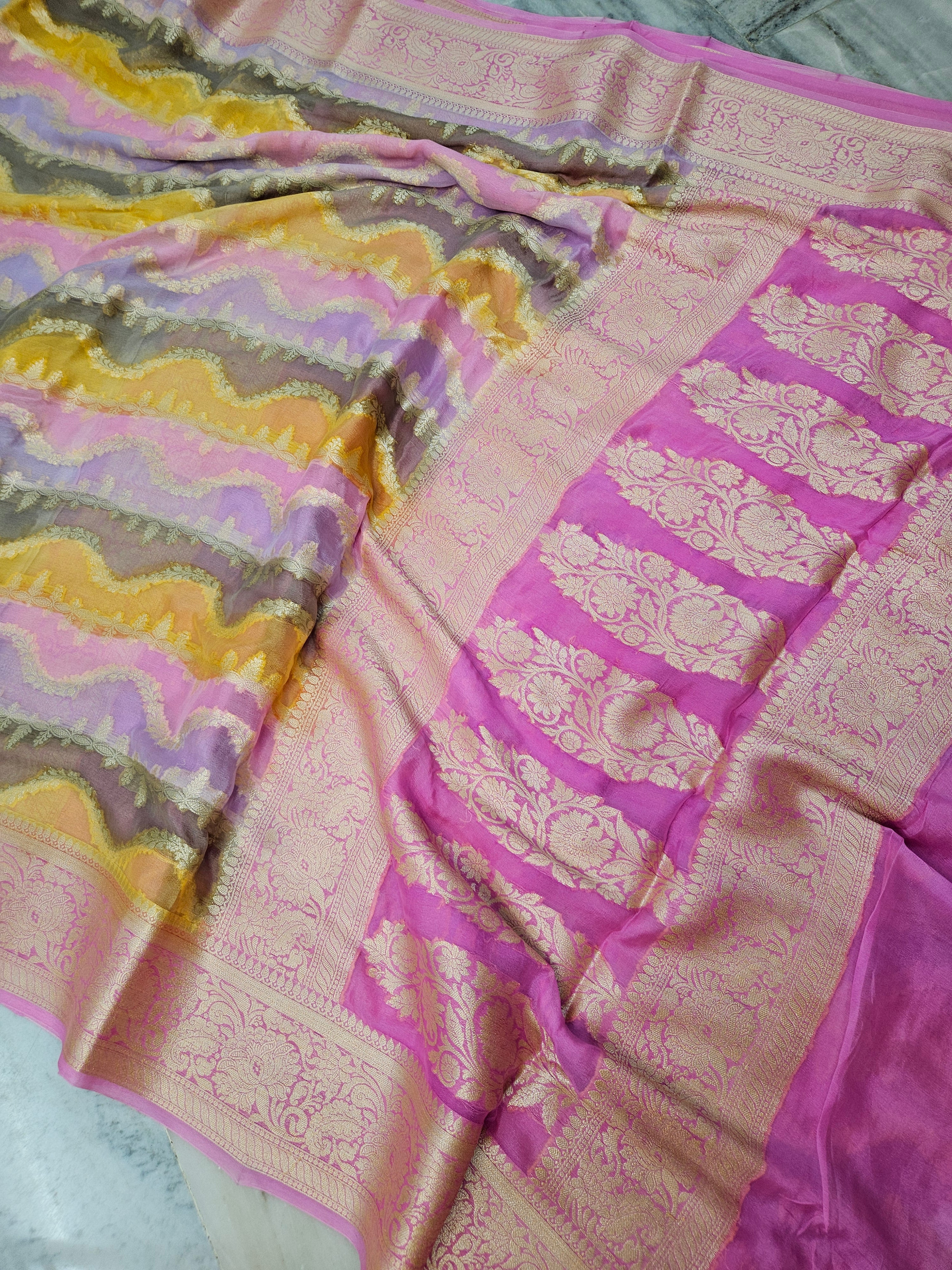 Pure Chiffon Rangkat Handbrush Banarasi Saree
