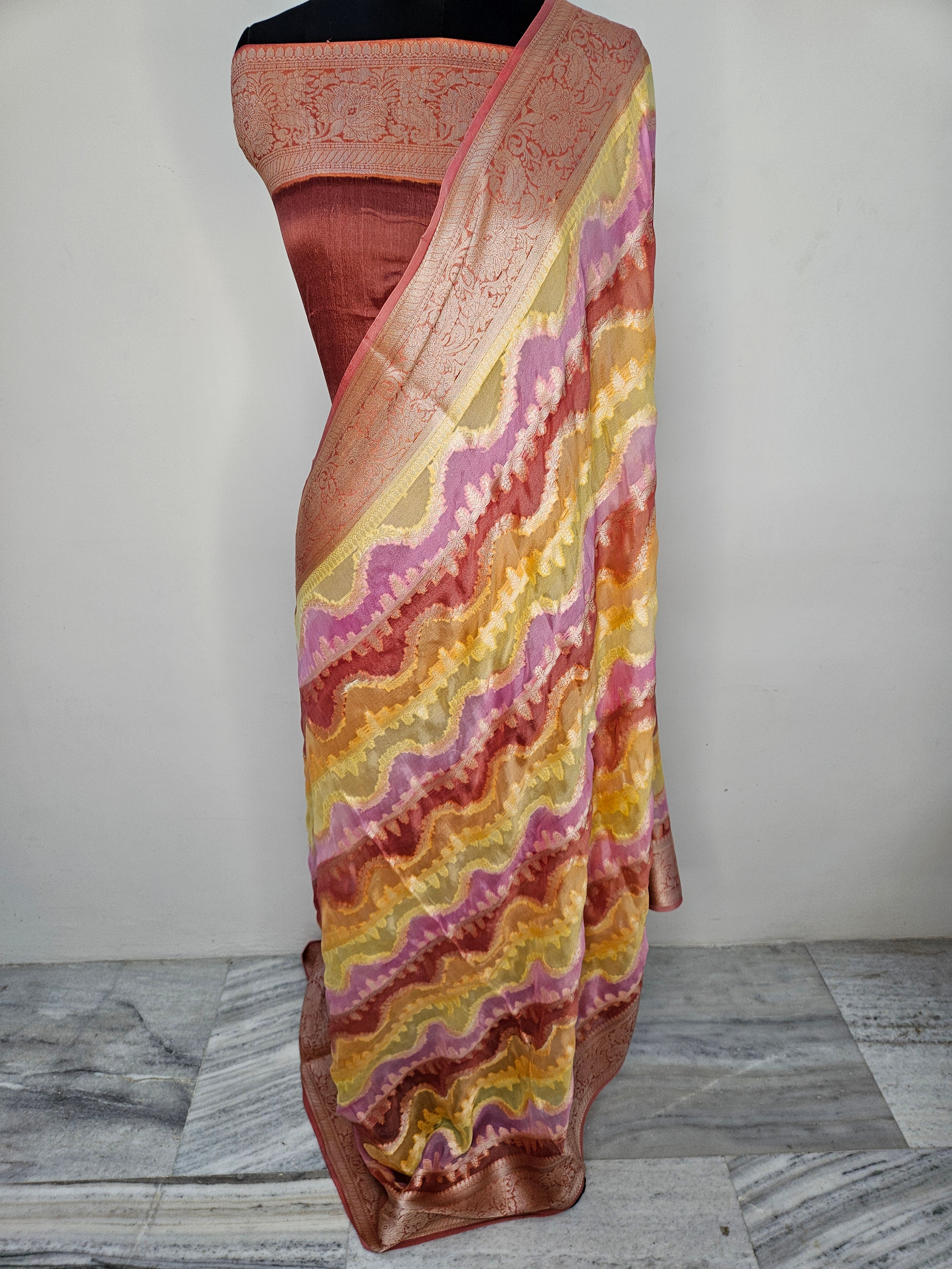 Pure Chiffon Rangkat Handbrush Banarasi Saree