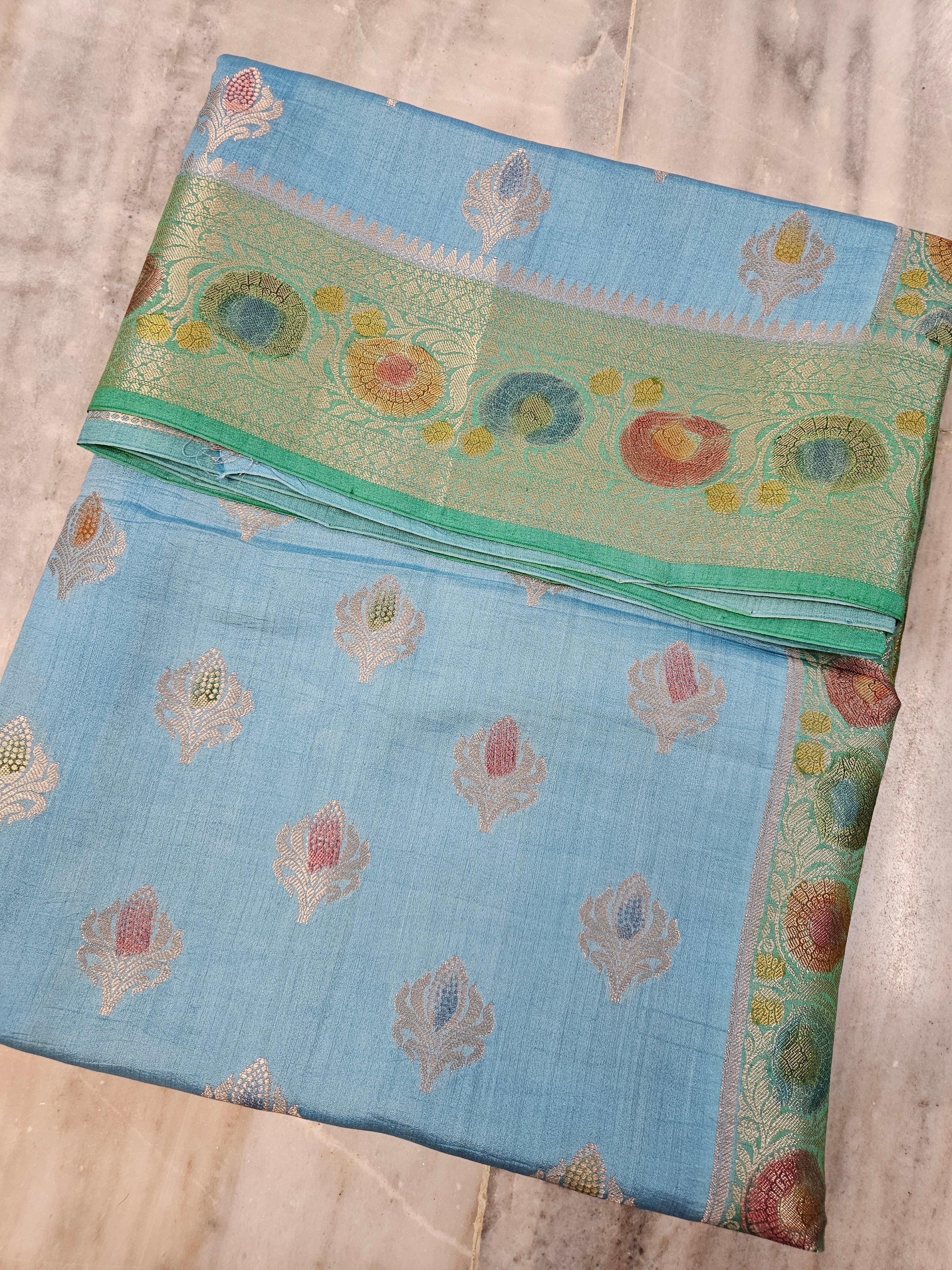 Pure Chiniya Silk Buta Handbrush Banarasi Saree in Sky Blue
