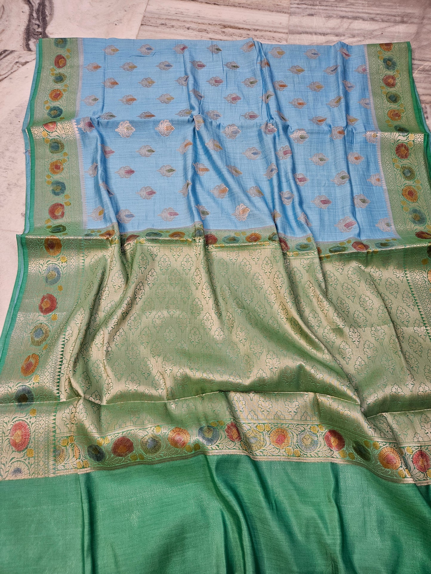 Pure Chiniya Silk Buta Handbrush Banarasi Saree in Sky Blue