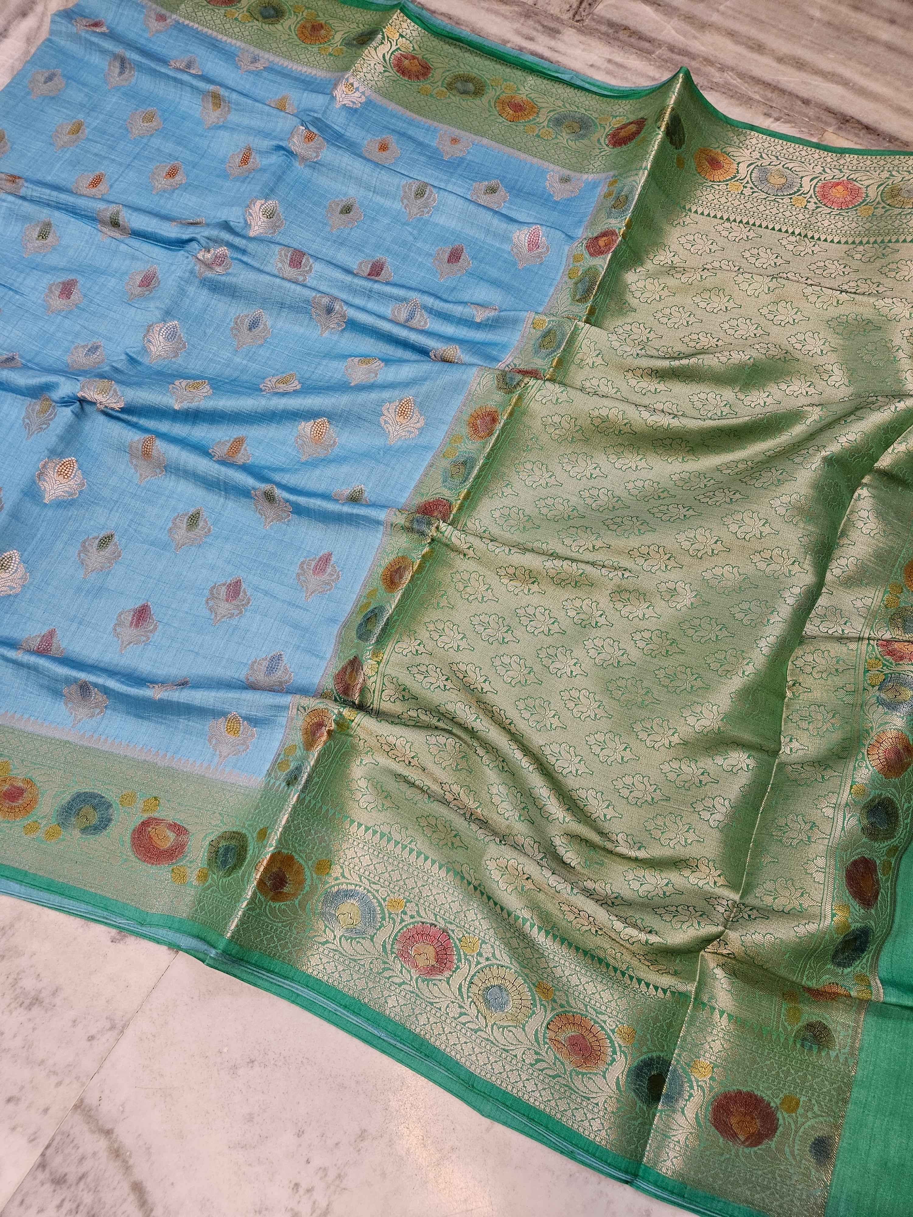 Pure Chiniya Silk Buta Handbrush Banarasi Saree in Sky Blue