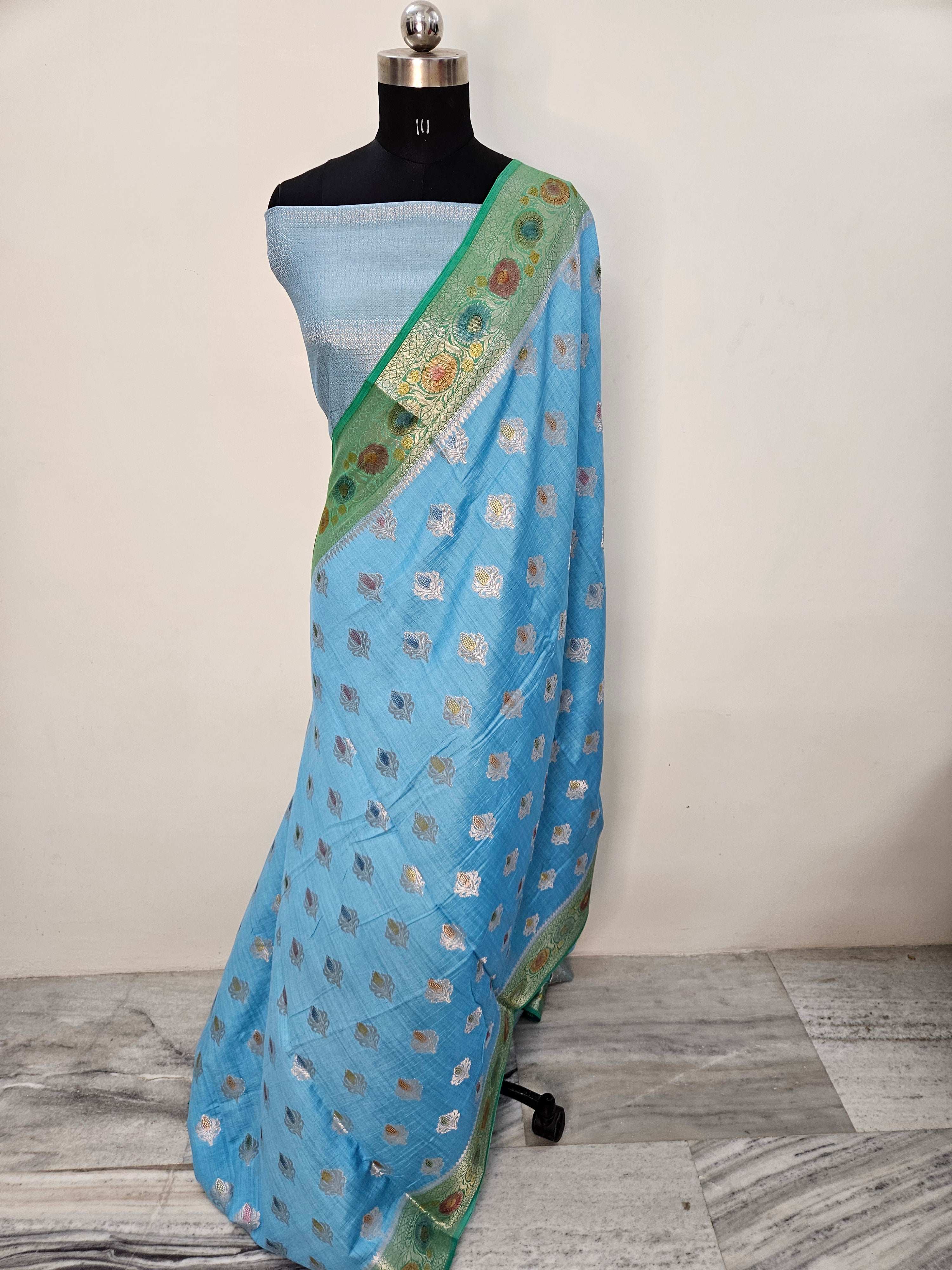 Pure Chiniya Silk Buta Handbrush Banarasi Saree in Sky Blue