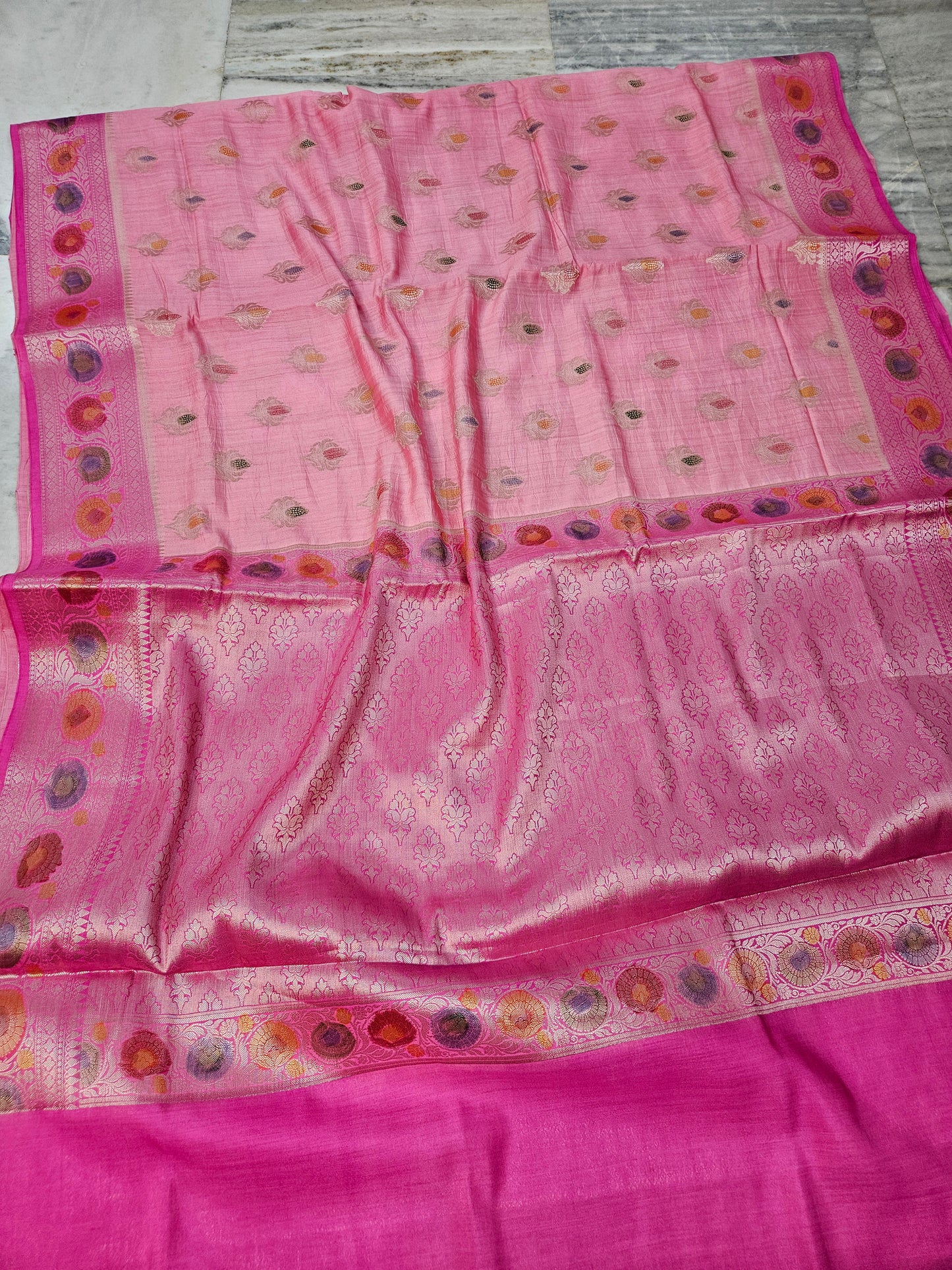 Pure Chiniya Silk Woven Buta Handbrush Banarasi Saree