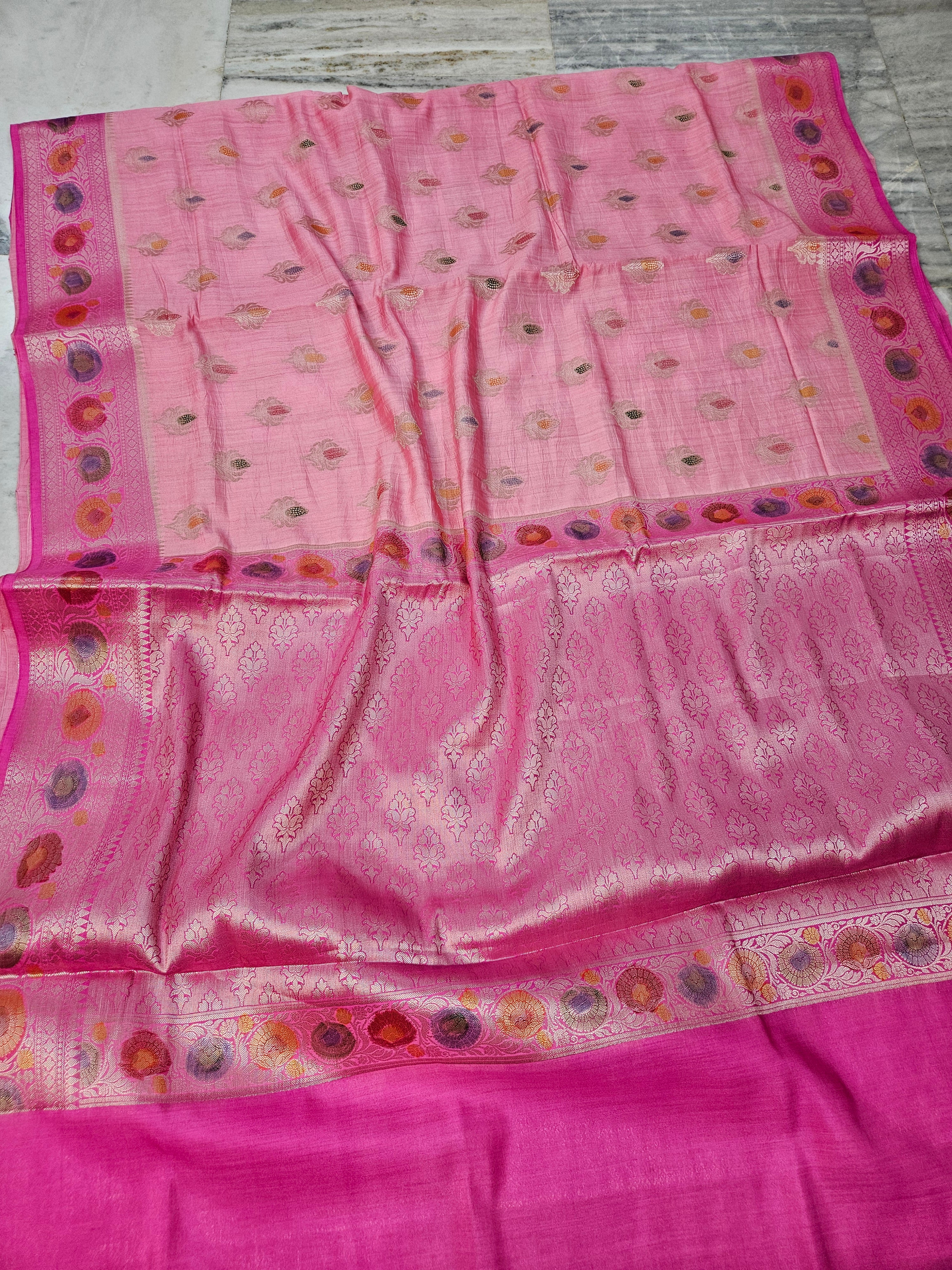 Pure Chiniya Silk Woven Buta Handbrush Banarasi Saree