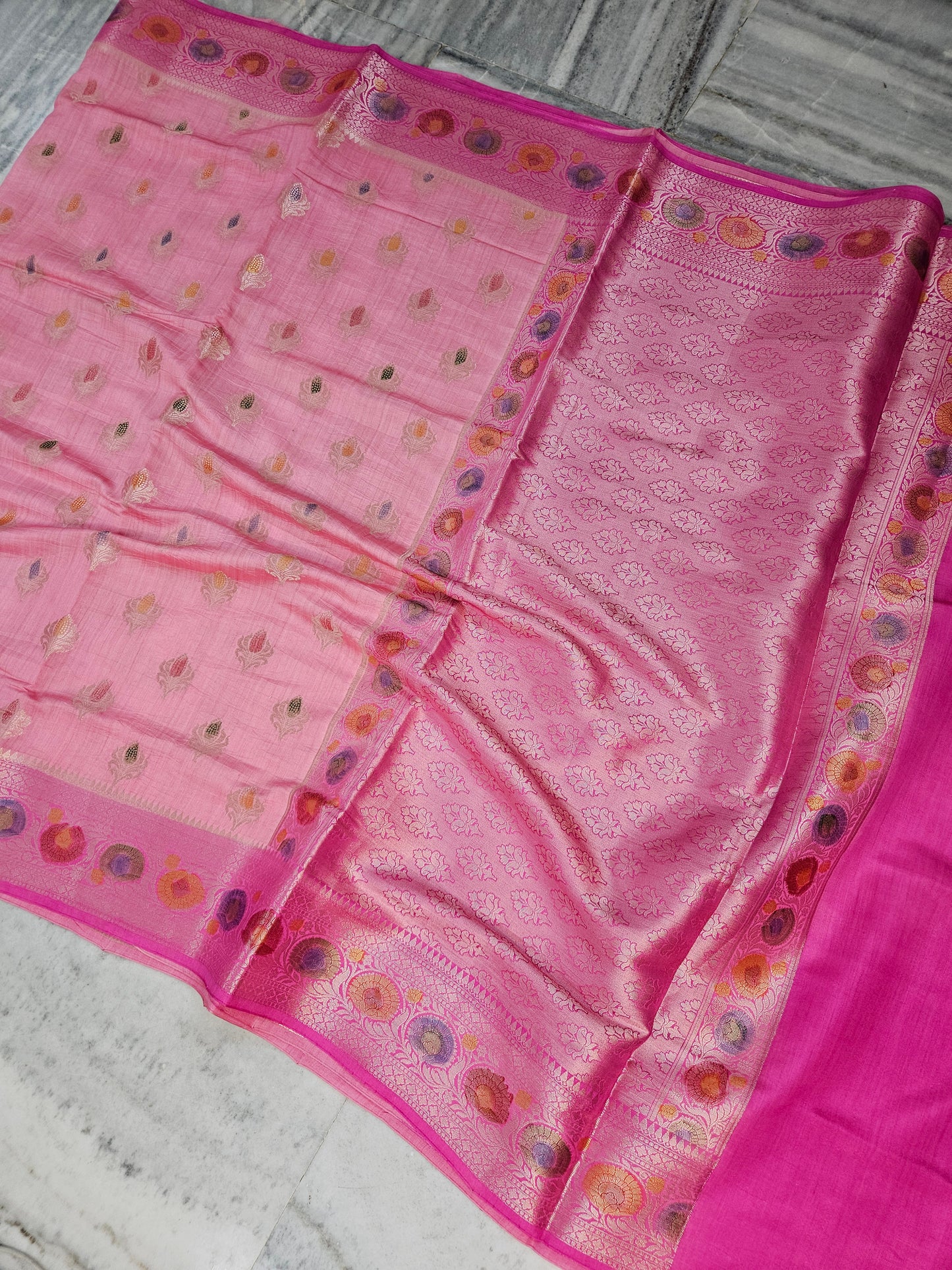 Pure Chiniya Silk Woven Buta Handbrush Banarasi Saree