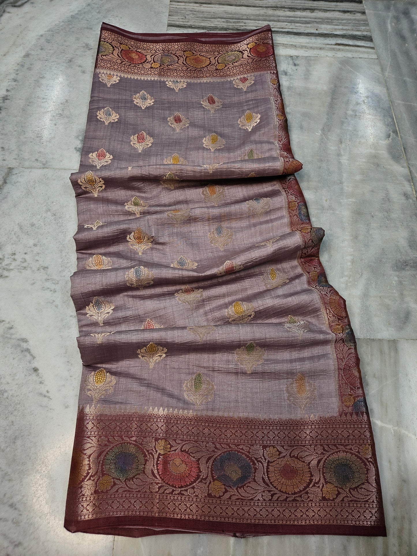 Pure Chiniya Silk Woven Buta Handbrush Banarasi Saree