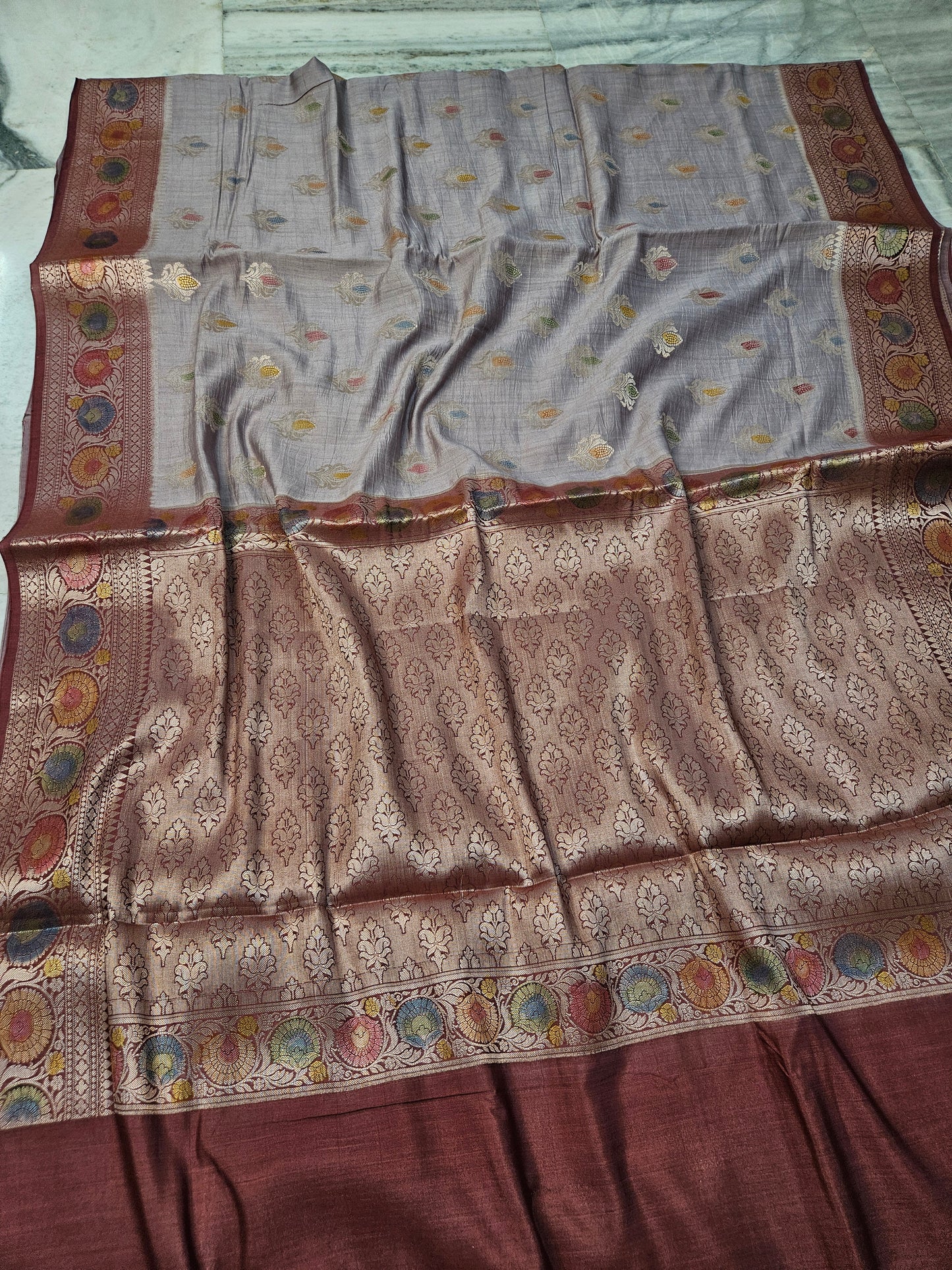 Pure Chiniya Silk Woven Buta Handbrush Banarasi Saree