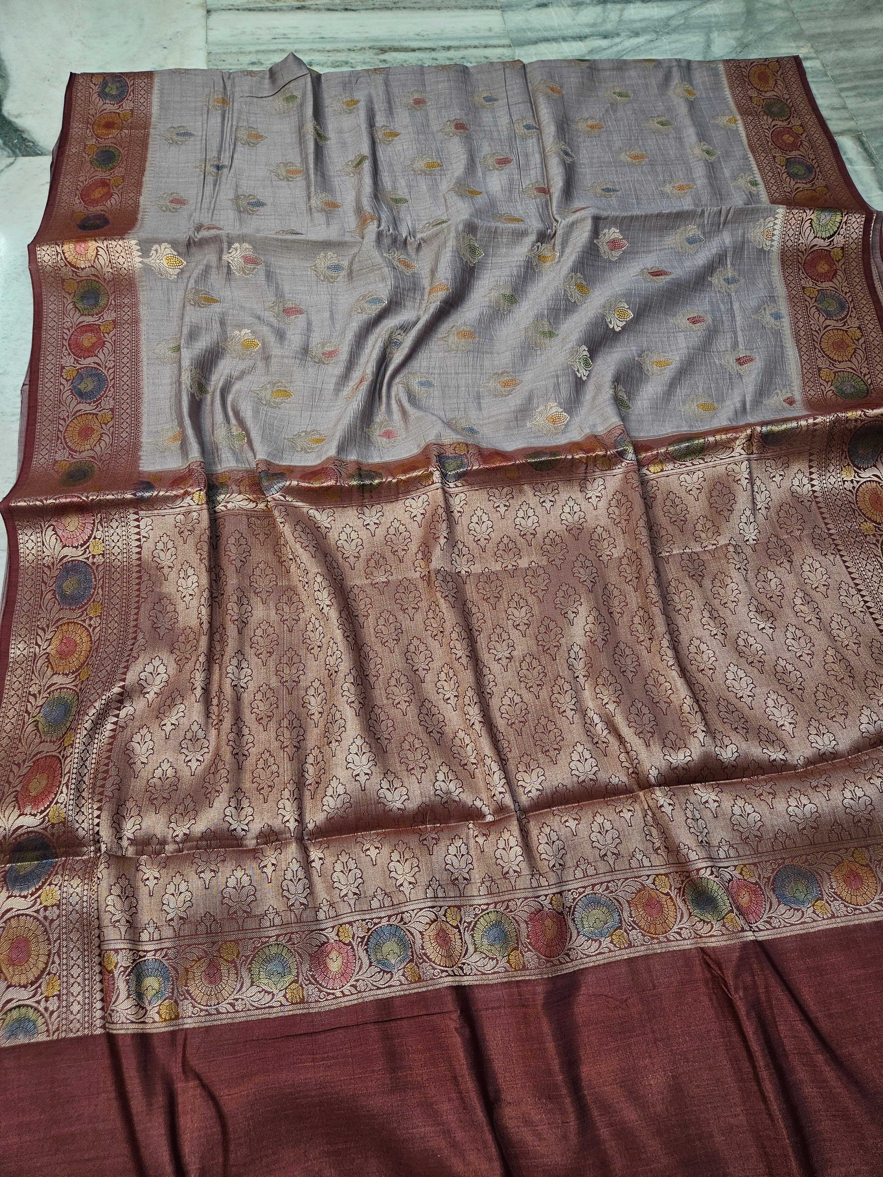 Pure Chiniya Silk Woven Buta Handbrush Banarasi Saree