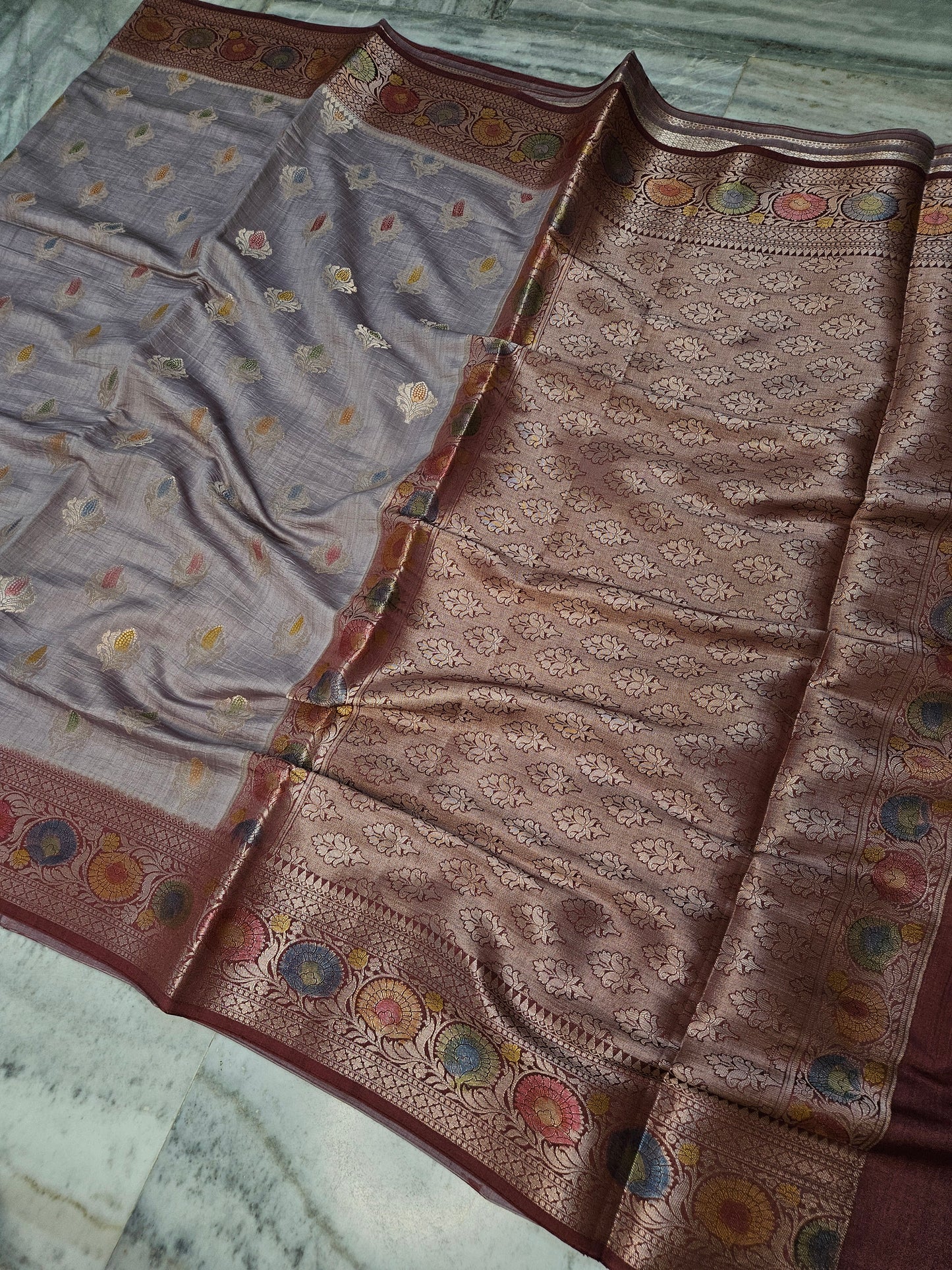 Pure Chiniya Silk Woven Buta Handbrush Banarasi Saree