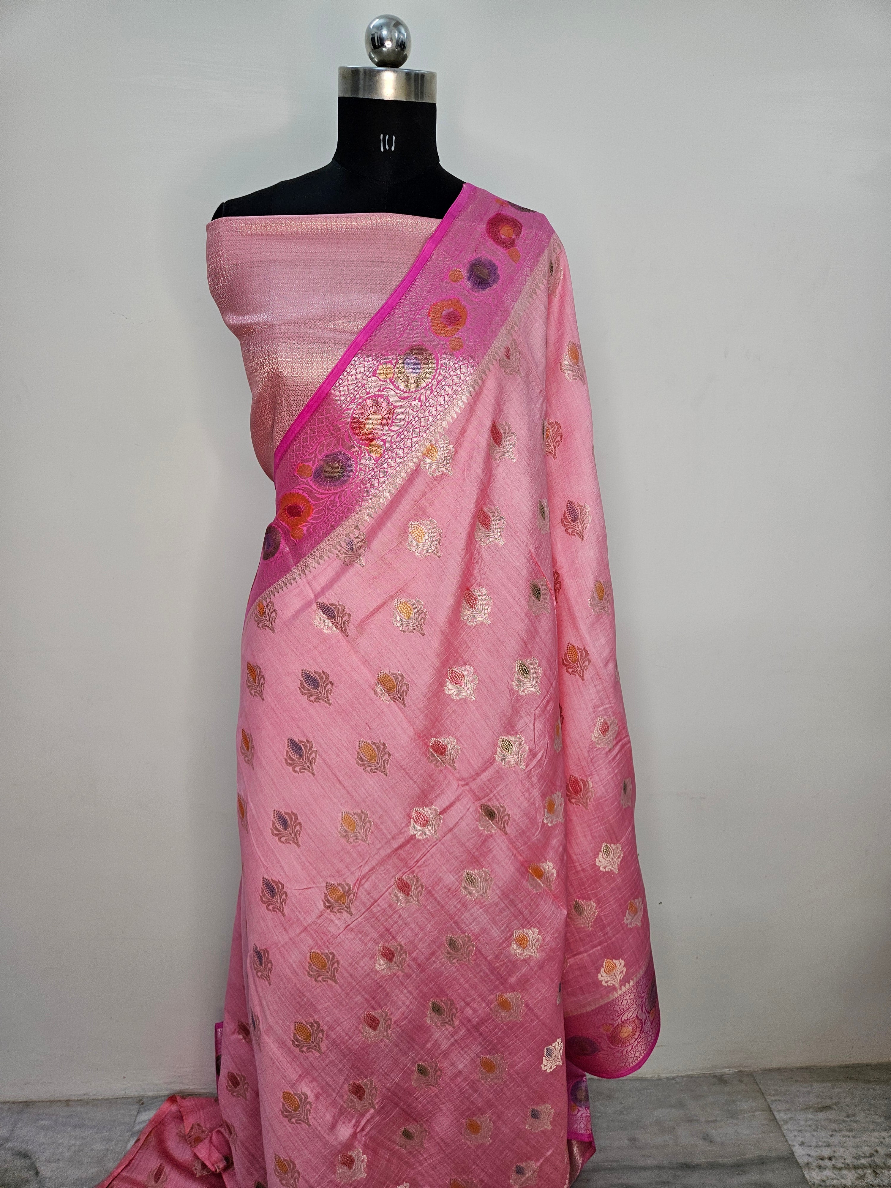 Pure Chiniya Silk Woven Buta Handbrush Banarasi Saree