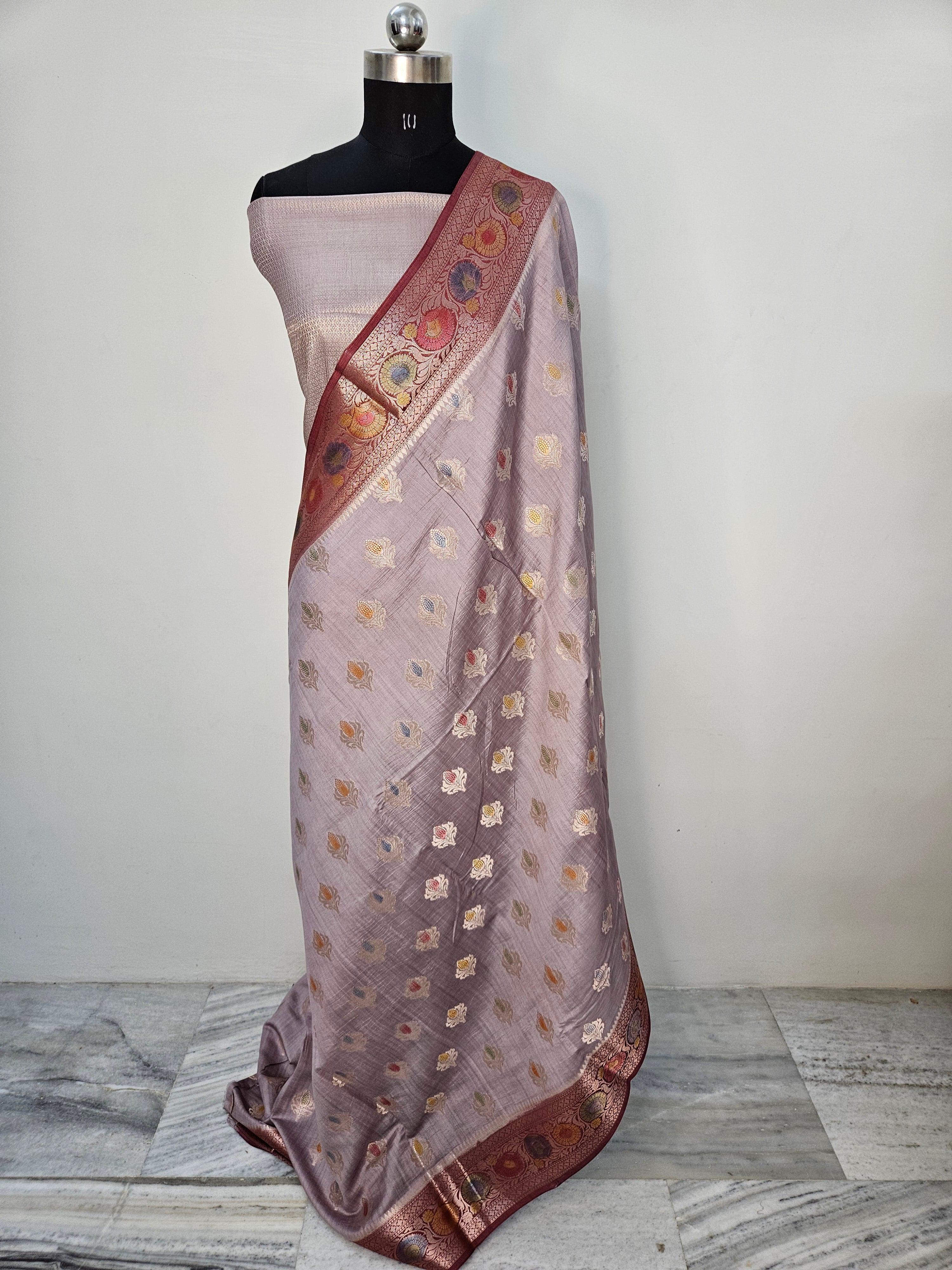 Pure Chiniya Silk Woven Buta Handbrush Banarasi Saree