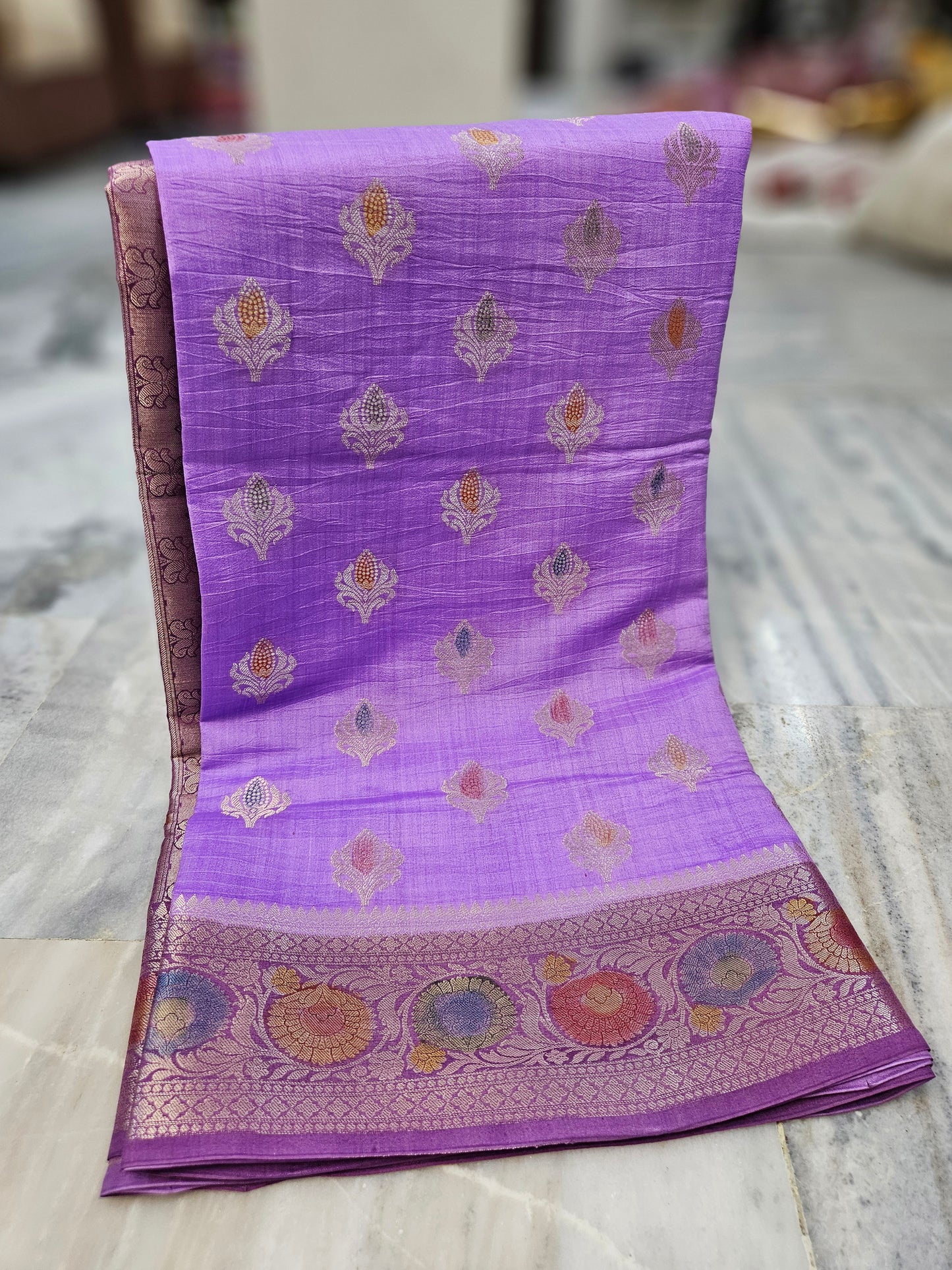 Pure Chiniya Silk Woven Buta Handbrush Banarasi Saree in Lavender