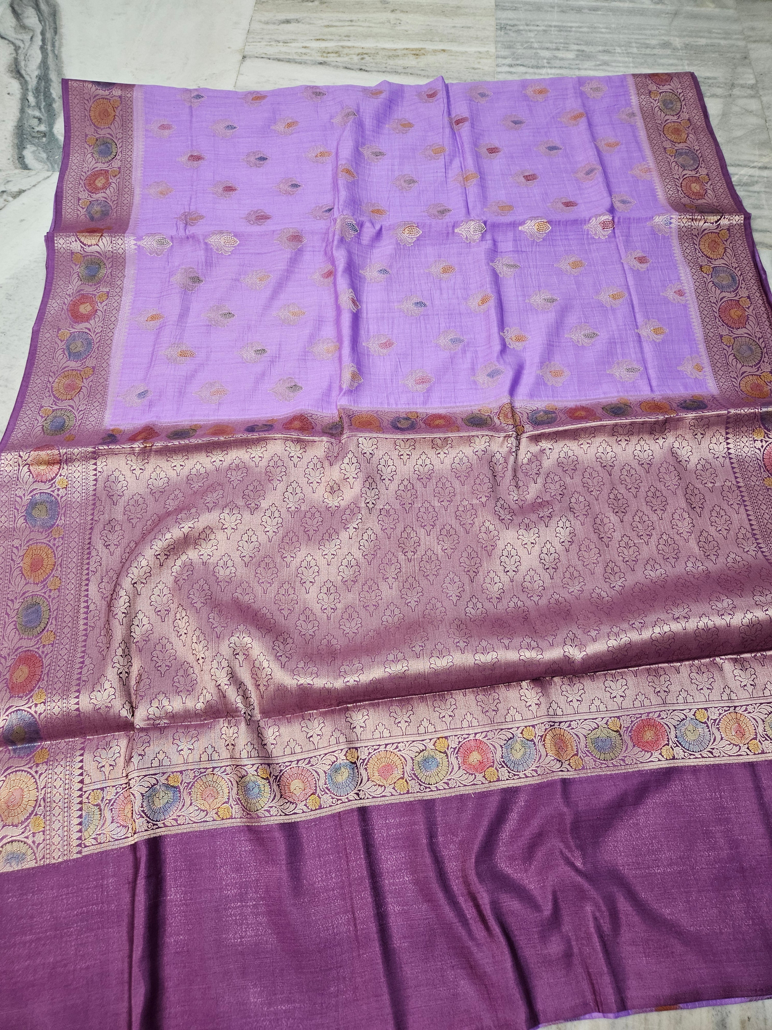 Pure Chiniya Silk Woven Buta Handbrush Banarasi Saree in Lavender