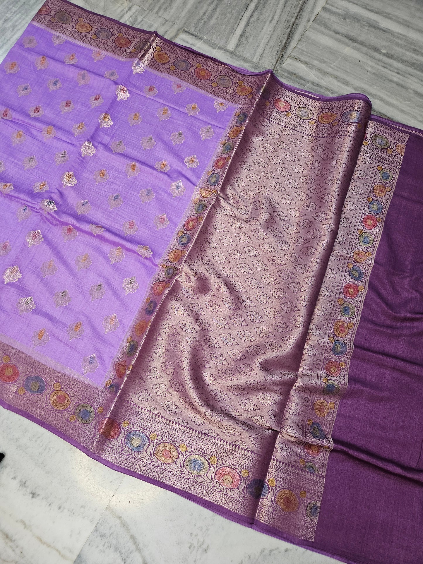 Pure Chiniya Silk Woven Buta Handbrush Banarasi Saree in Lavender