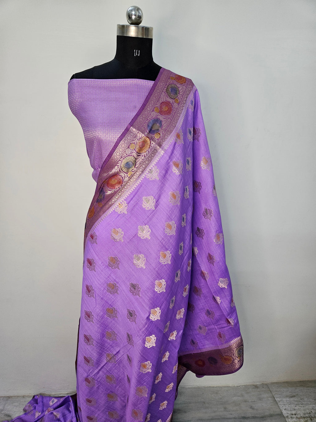 Pure Chiniya Silk Woven Buta Handbrush Banarasi Saree in Lavender