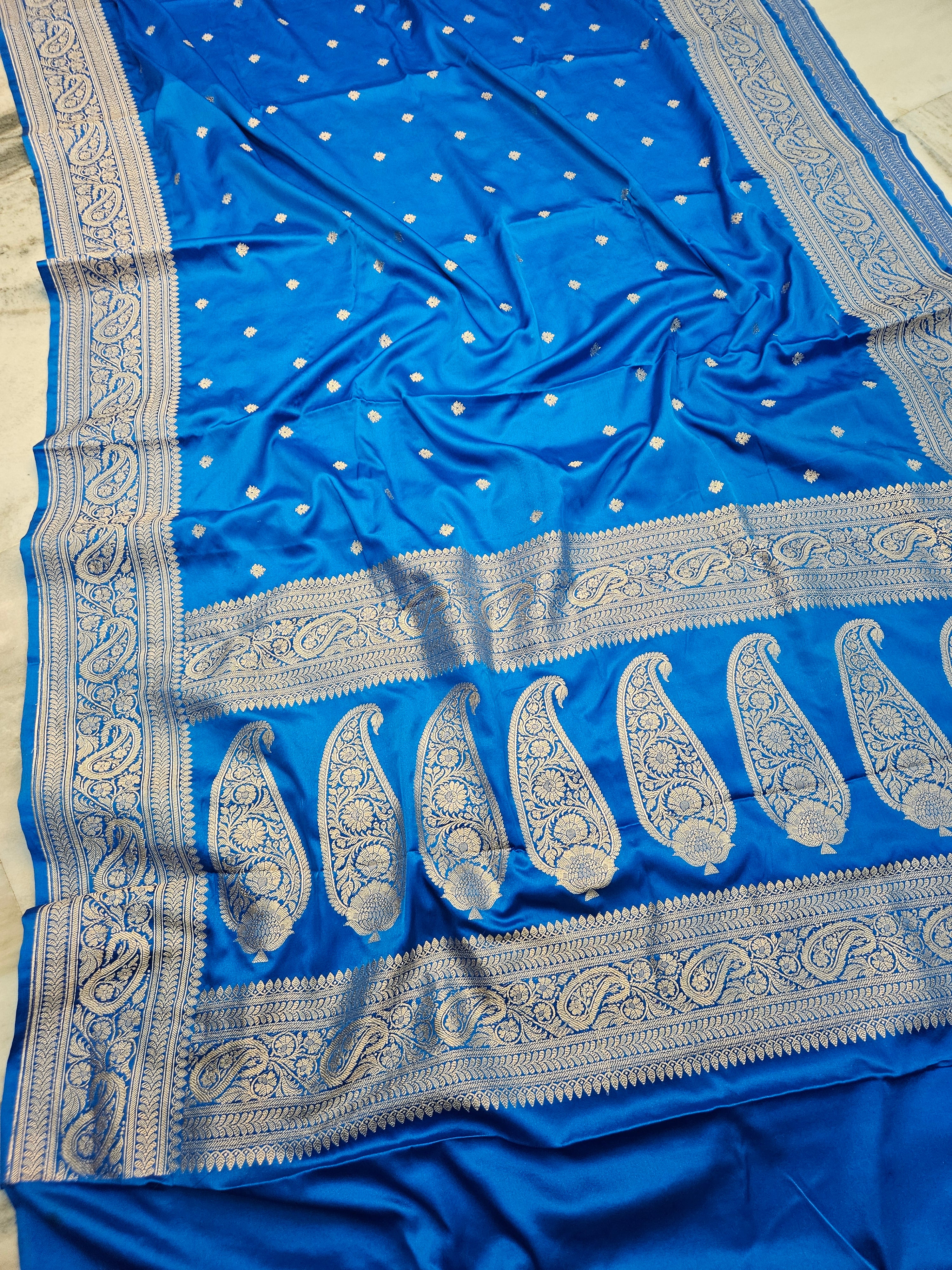 Mashru satin sky blue dot buti banarasi saree