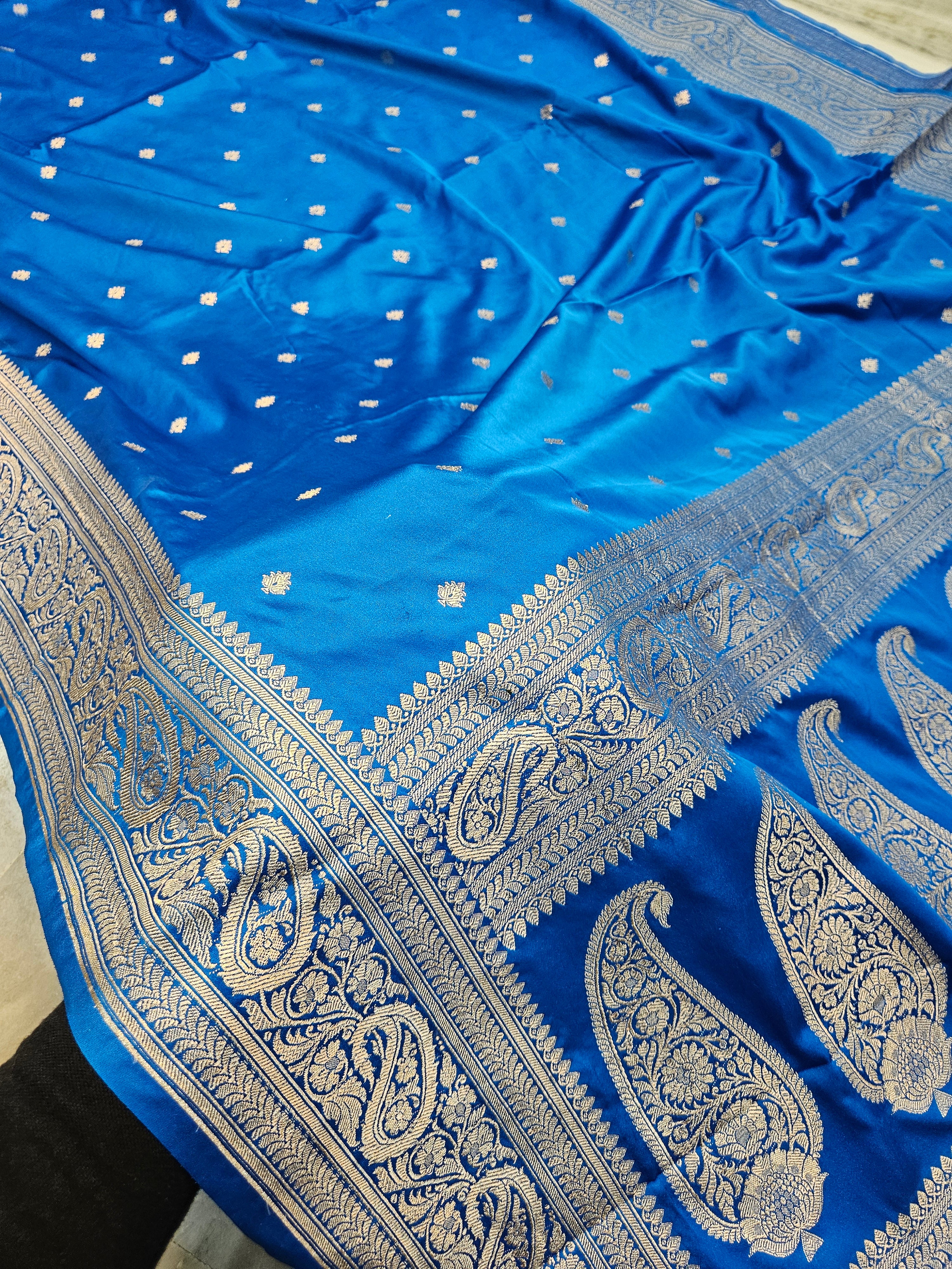 Mashru satin sky blue dot buti banarasi saree