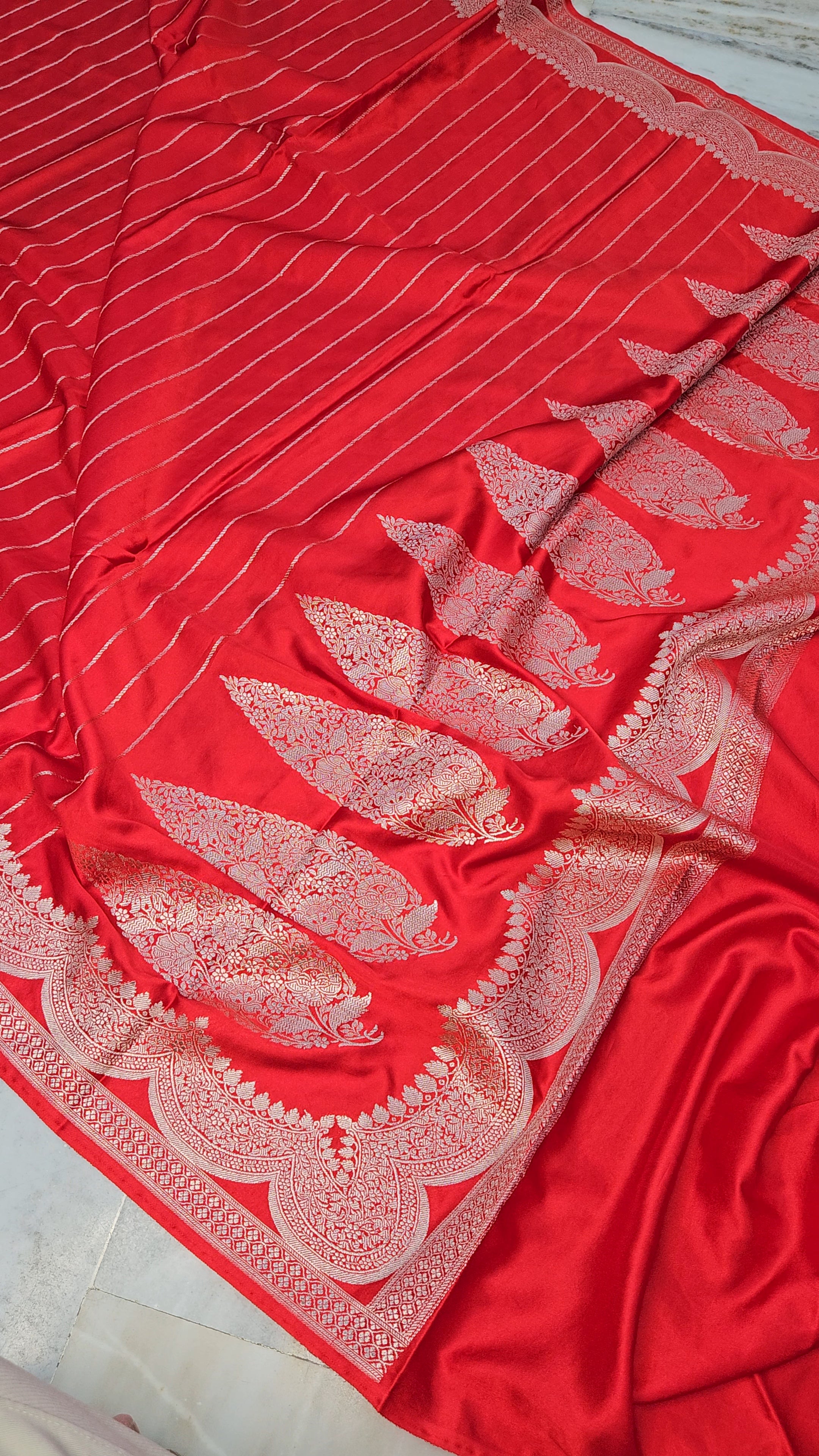 Crimson Red Mashru satin woven banarasi saree
